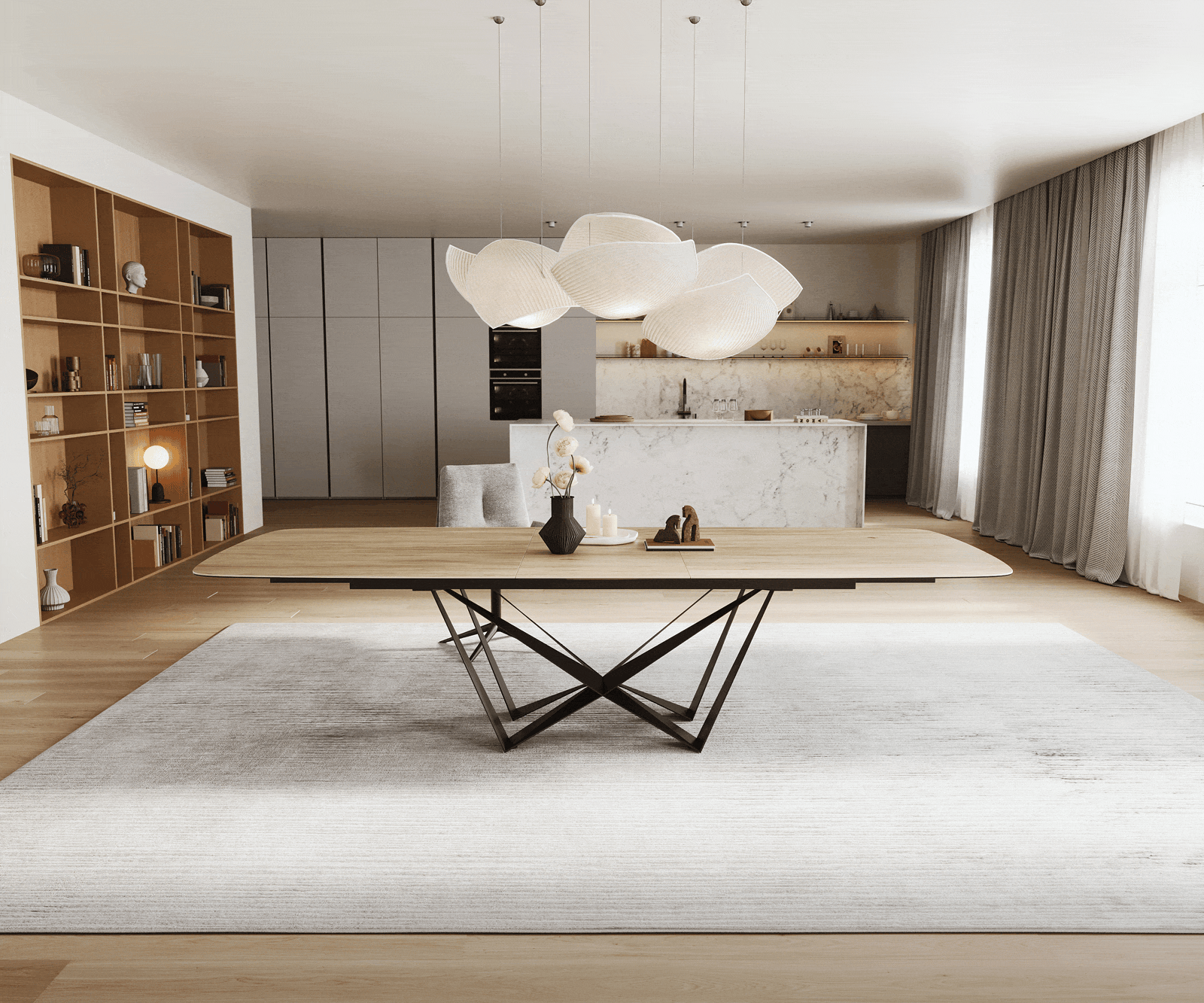 Stół do jadalni Edge w kształcie beczki 240-300x120 cm ceramika Laminam® Sabbia w kolorze dębu rama Spider metal czarny rozkładany 1