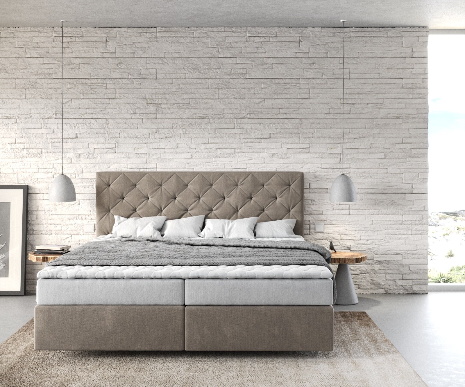 Łóżko kontynentalne Dream-Great 180x200 cm mikrofibra beżowa z materacem i topperem 1