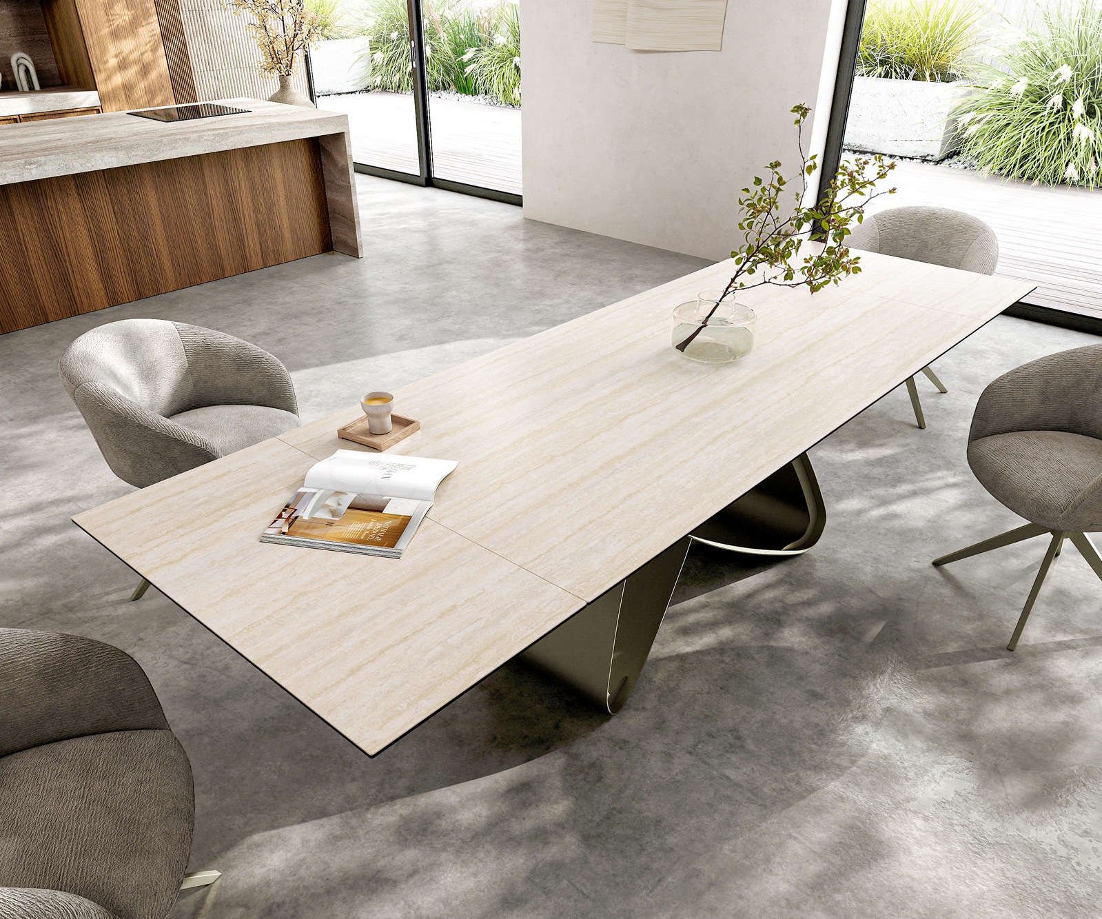 Stół do jadalni Edge 200-300x100cm ceramika Laminam® Travertino Bianco kremowo-biały rama W kolor tytanowy rozkładany 3