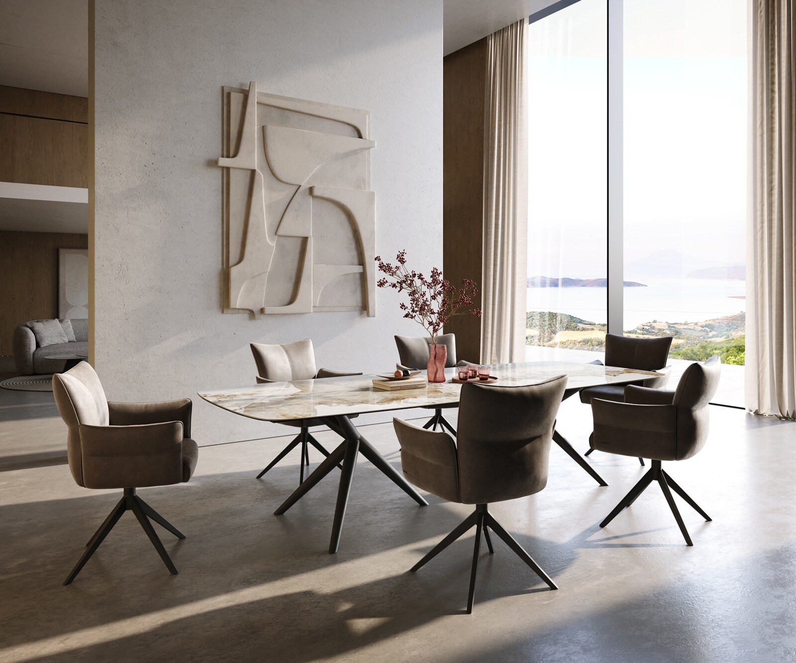 Stół do jadalni Edge w kształcie beczki 300x120 cm ceramika Minas Melange biało-beżowa rama Estelar metal czarny 6
