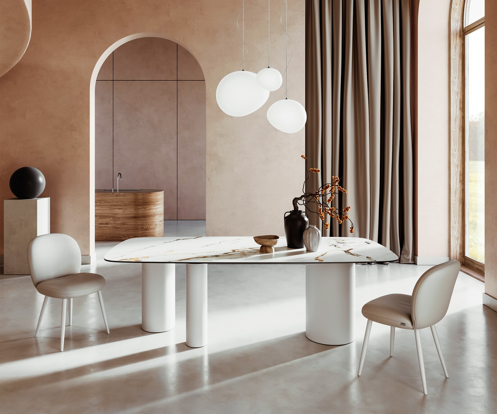 Stół do jadalni Edge kształt beczki 240x120cm ceramika Calacatta Luxe biało-złoto-szary rama Troa metal biały