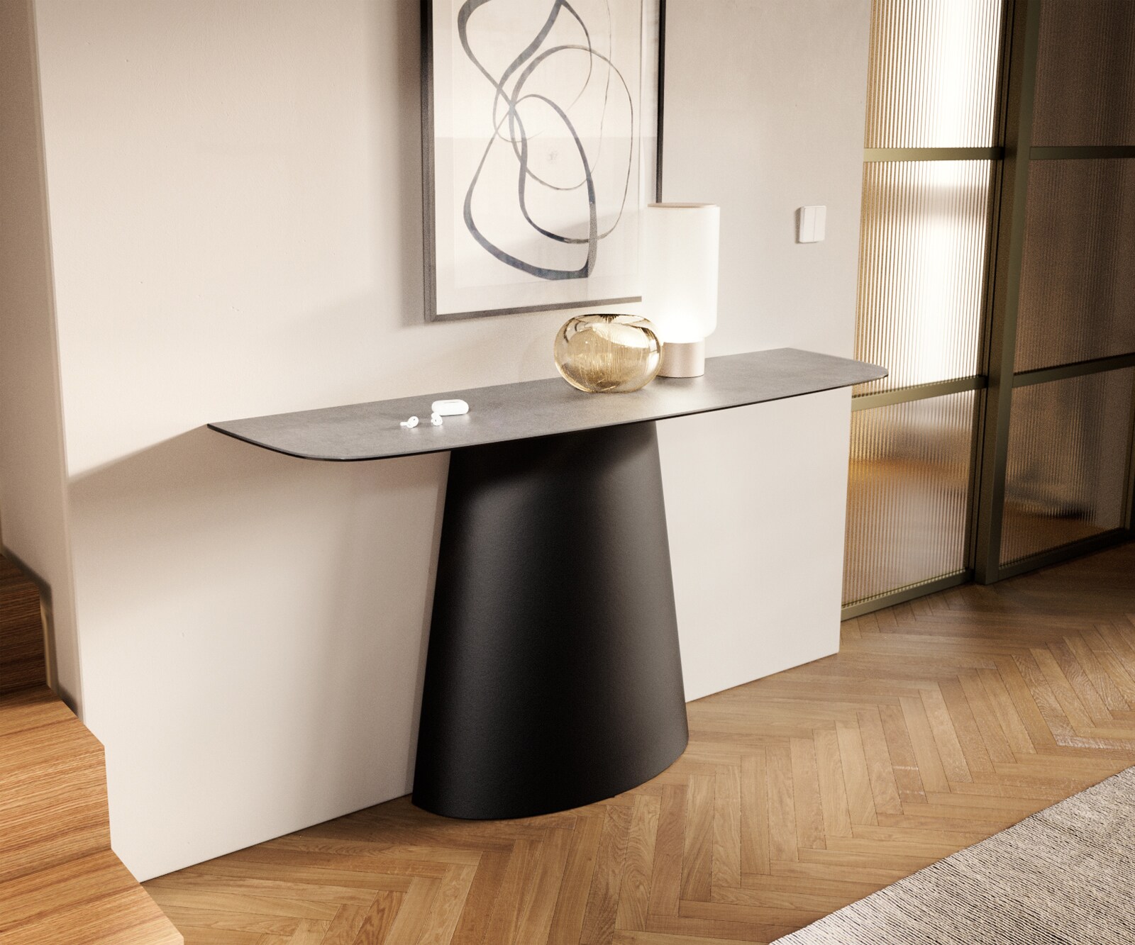 Konsola Edge w kształcie beczki 140x40 cm ceramika w kolorze betonowej szarości rama Conos metal czarny 1