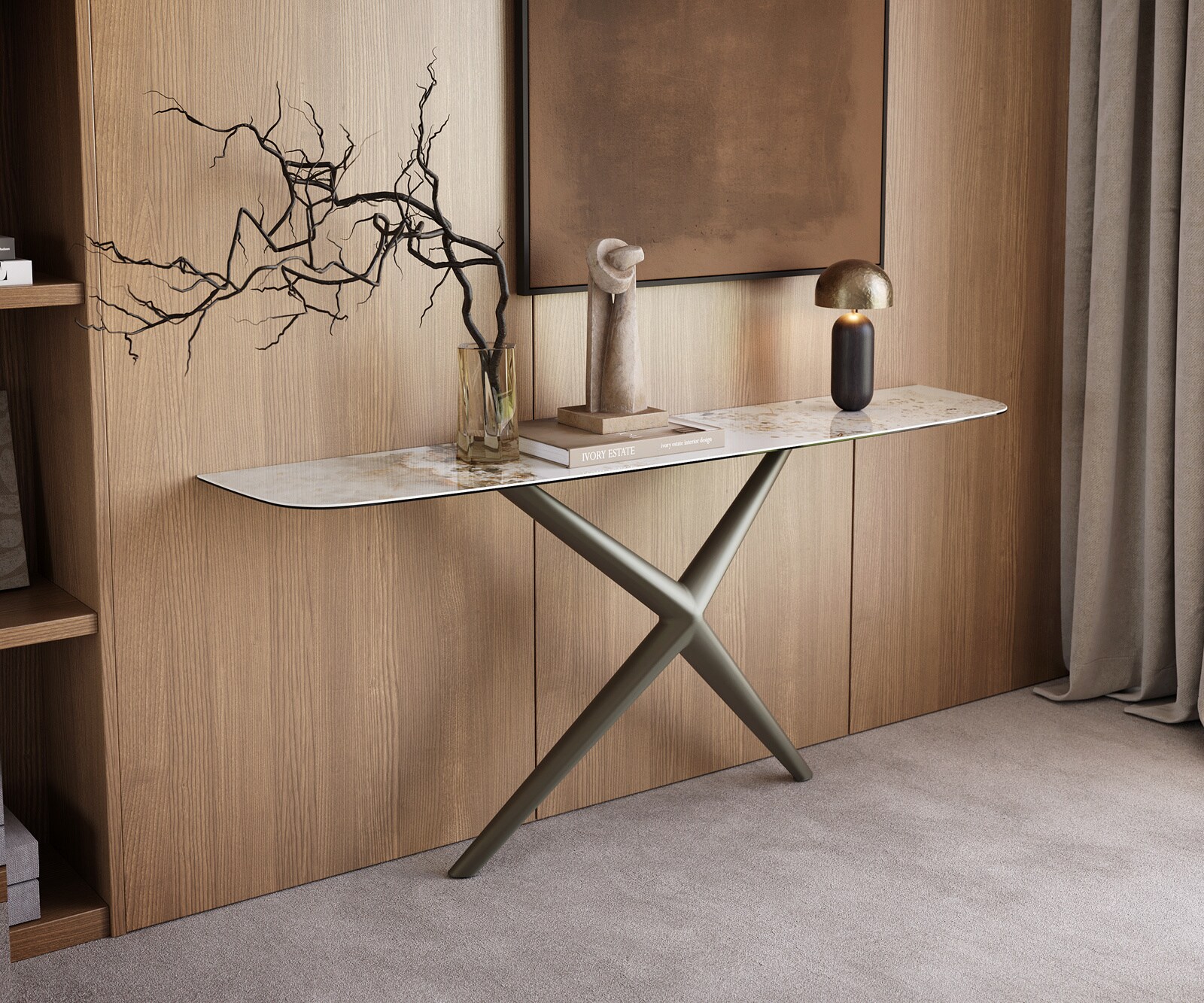 Konsola Edge w kształcie beczki 180x40 cm ceramika Minas Melange biało-beżowa rama Estelo metal w kolorze tytanu 4