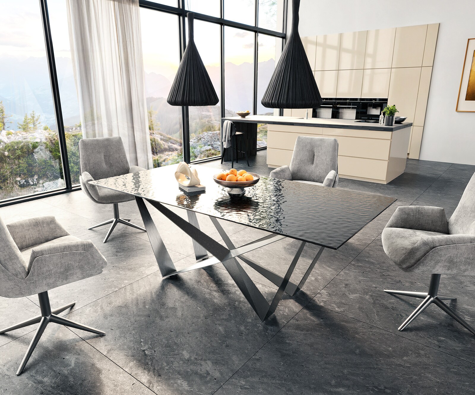 Stół do jadalni Edge 200x100 cm szkło reliefowe czarne efekt 3D rama Spider stal nierdzewna 5