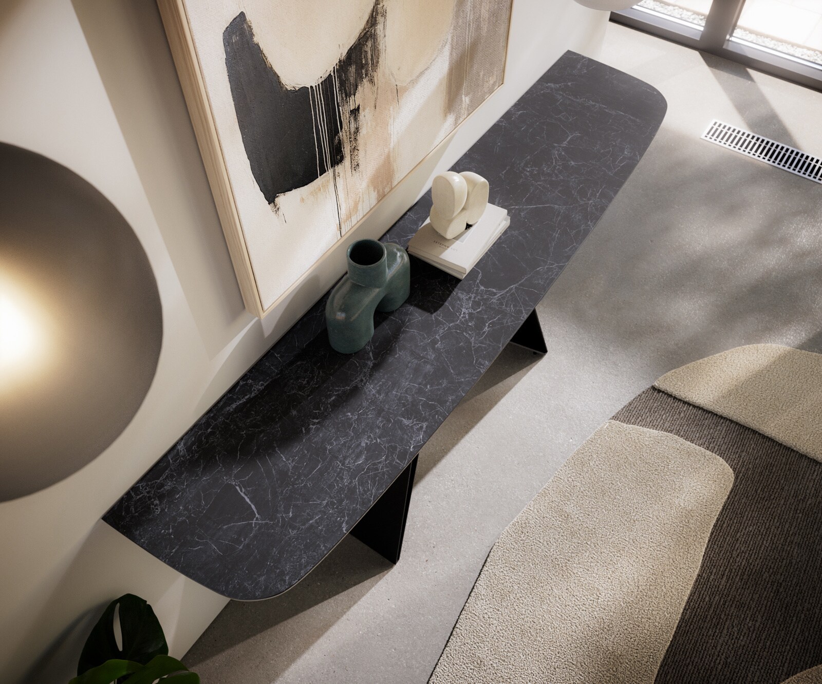 Konsola Edge w kształcie beczki 180x40 cm Laminam® Nero Greco antracytowa podstawa Velio metal czarny 6