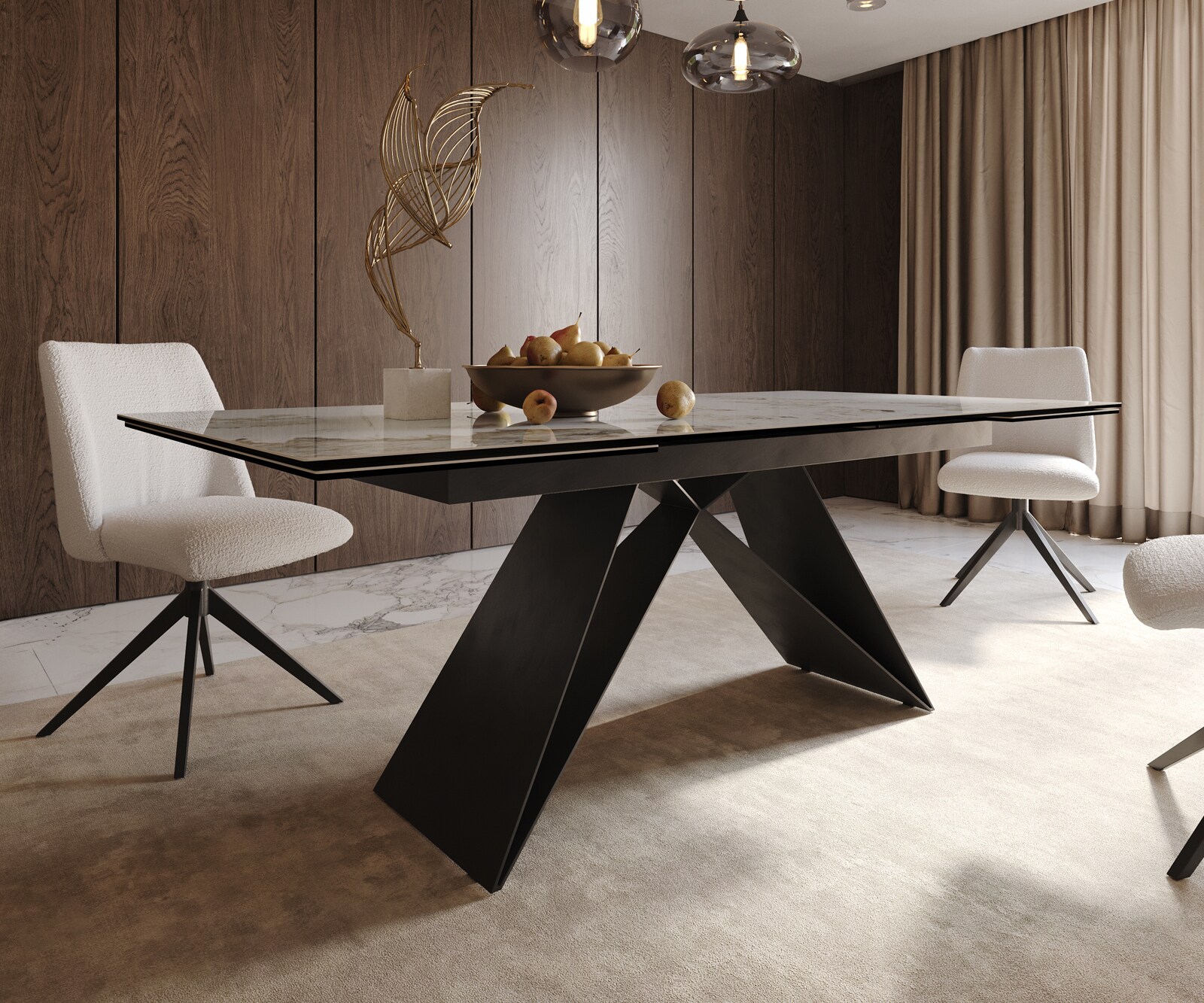Stół do jadalni Edge 200-300x100 cm ceramika Minas Melange biało-beżowy rama V metal czarna rozkładany 7