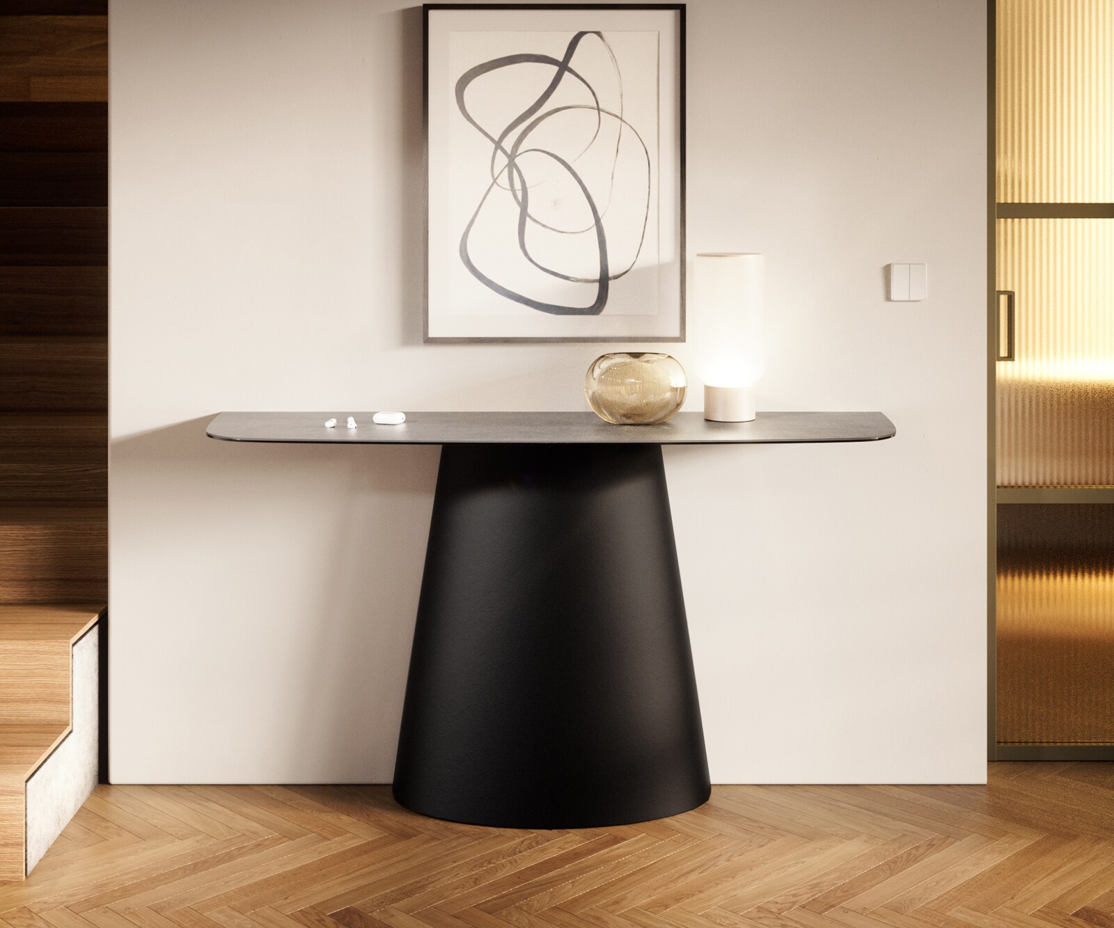 Konsola Edge w kształcie beczki 140x40 cm ceramika w kolorze betonowej szarości rama Conos metal czarny 4