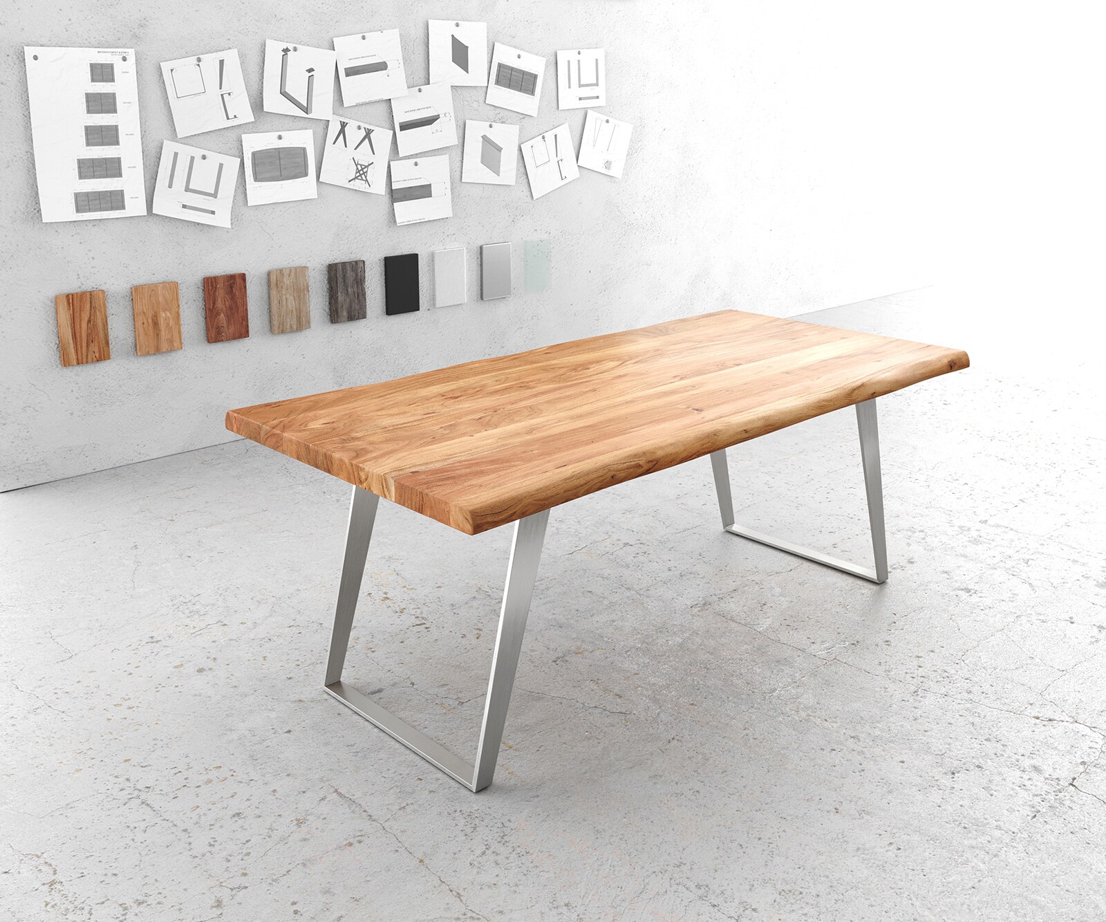 Stół do jadalni Edge 200x100 cm XL akacja naturalna stal nierdzewna srebrna rama pochylona live-edge 1