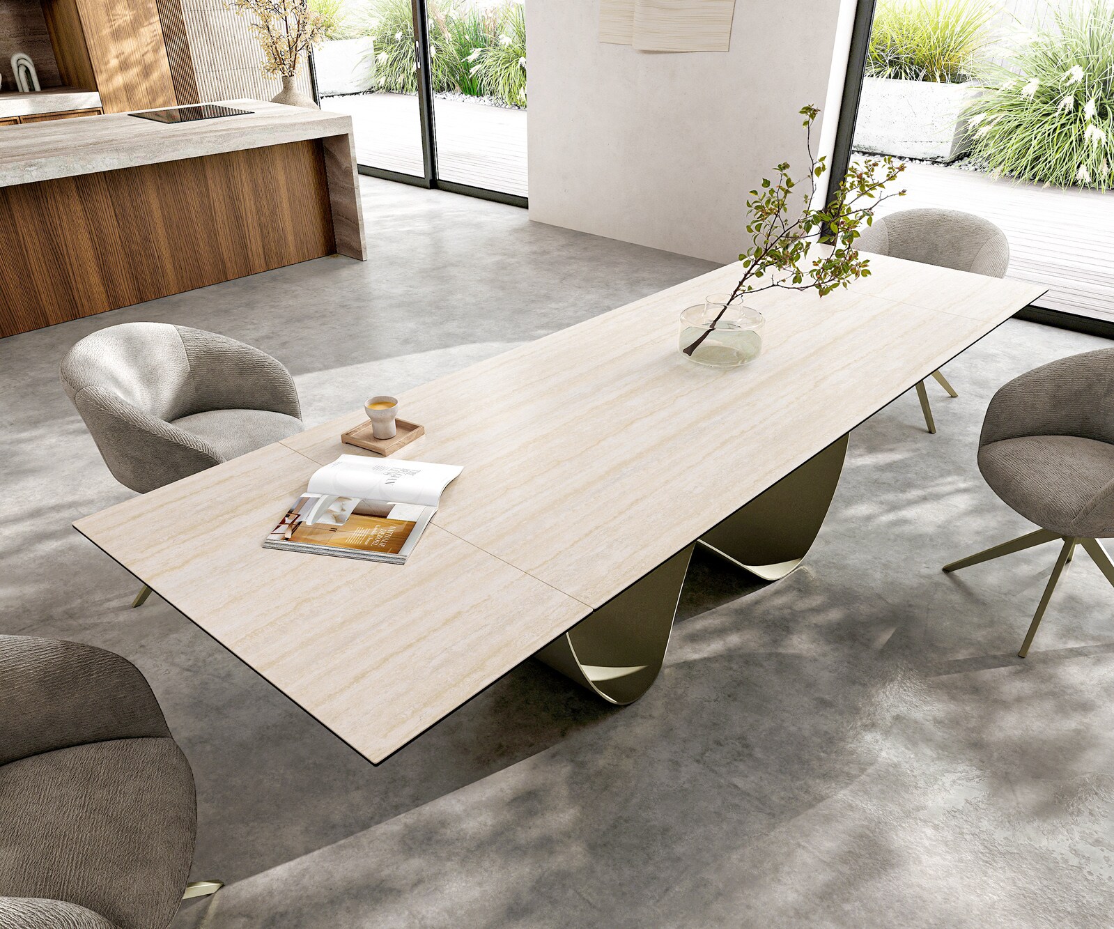 Stół do jadalni Edge 200-300x100cm ceramika Laminam® Travertino Bianco kremowo-biały rama Infinity metal kolor tytanowy rozkładany 3