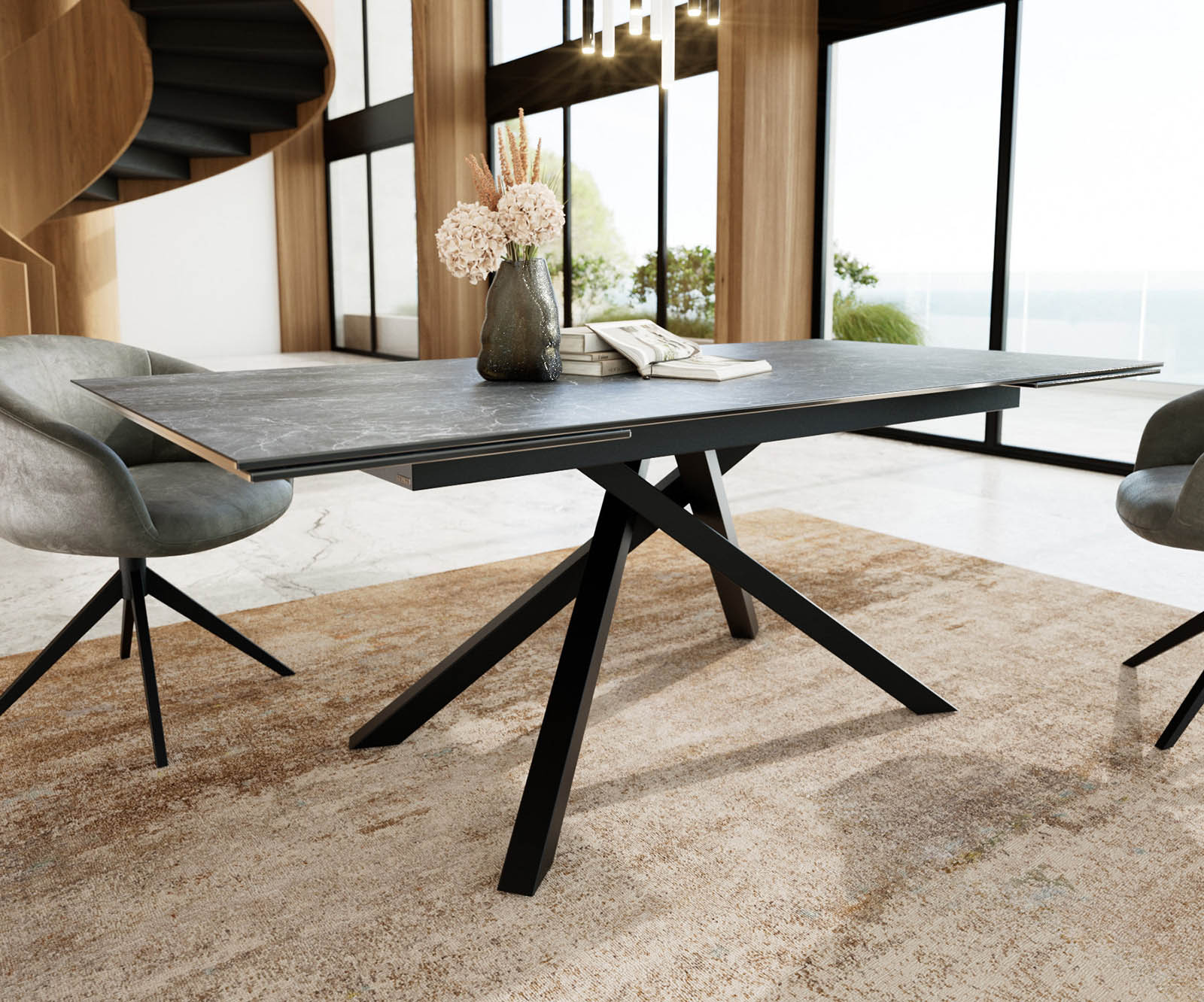 Stół do jadalni Edge 200-300x100 cm ceramika Laminam® Nero Greco antracyt rama Cross czarna rozkładany 4