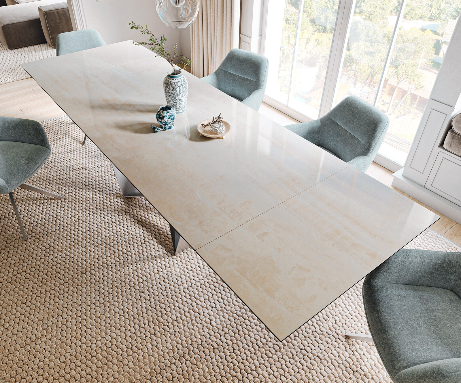 Stół do jadalni Edge 200-300x100cm ceramika Onyx Champagne rama Spider stal nierdzewna rozkładany 3