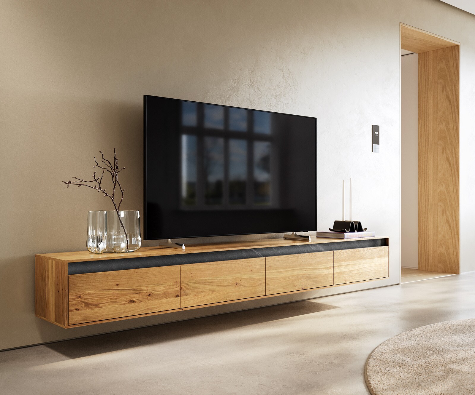 Szafka RTV Stonegrace 240 cm dąb naturalny 4 drzwi podwieszana
