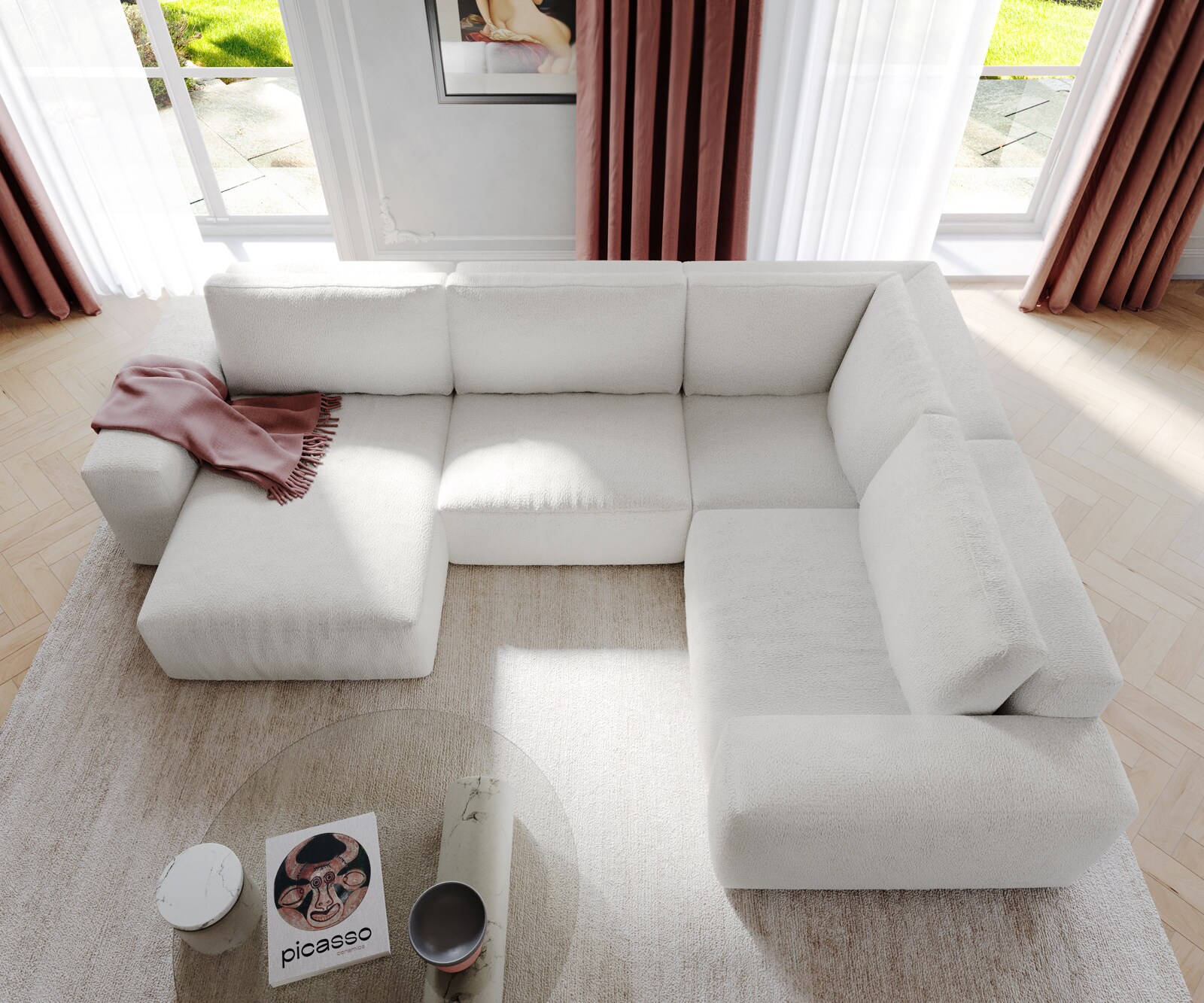 Sofa w kształcie litery U Lanzo 300x210 cm bouclé kremowo-biały szezlong z możliwością obustronnego montażu z pufem 3