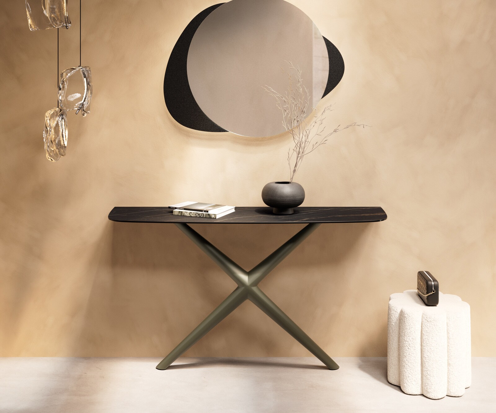 Konsola Edge w kształcie beczki 140x40 cm ceramika Laminam® Noir Desir brązowa rama Estelo metal w kolorze tytanu 1