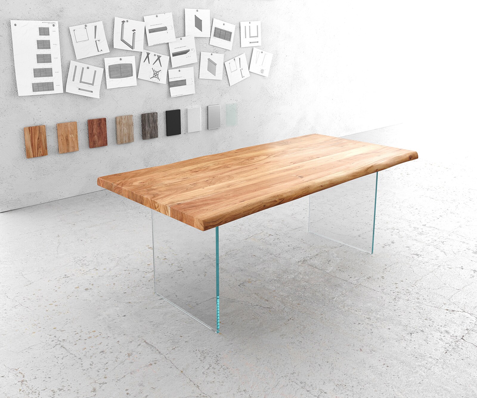 Stół do jadalni Edge 200x100 cm XL akacja naturalna szklana rama live-edge