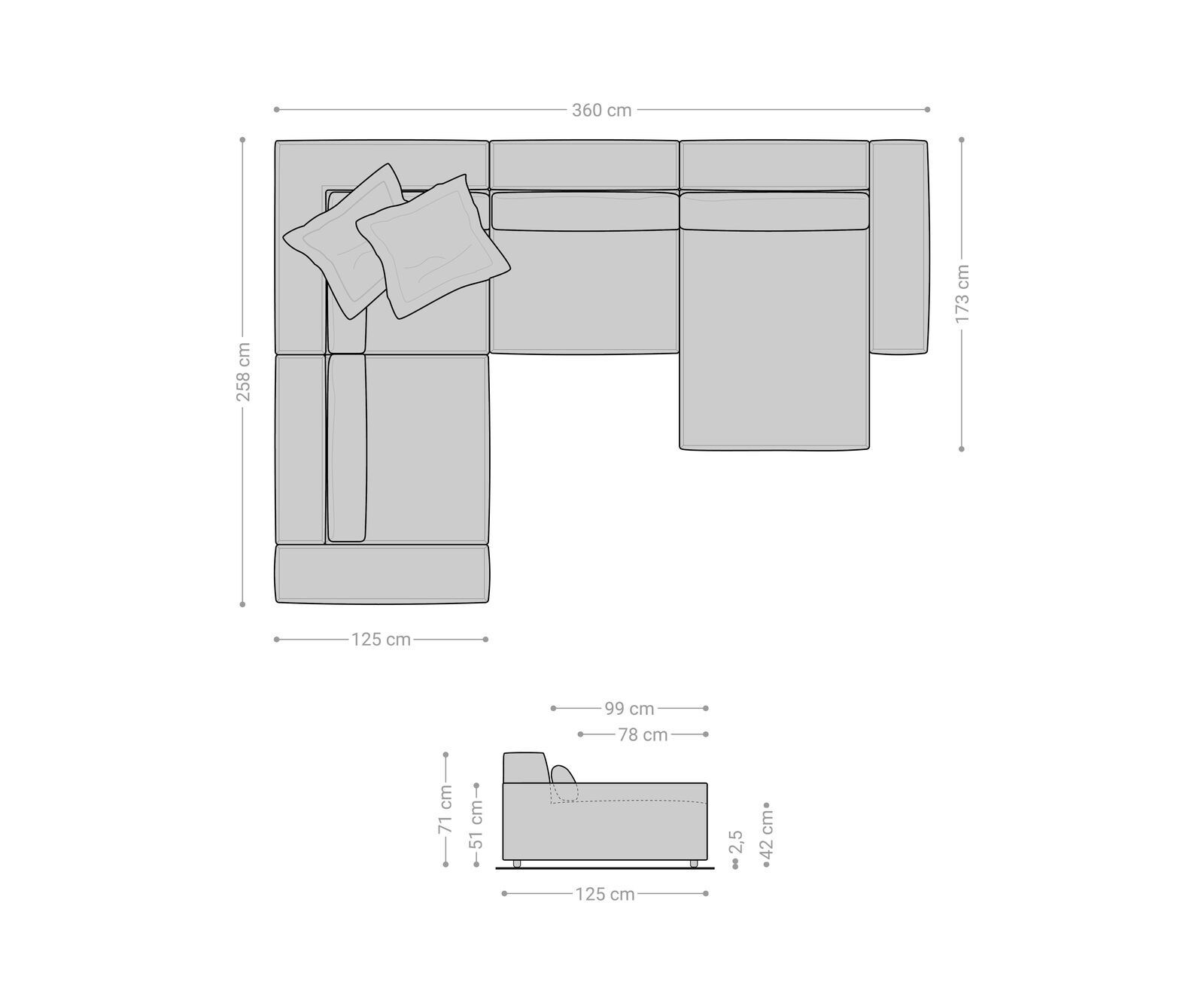 Zestaw wypoczynkowy Sirpio XL 360x260cm mikrofibra szara szezlong z możliwością zmiennego ustawienia 8