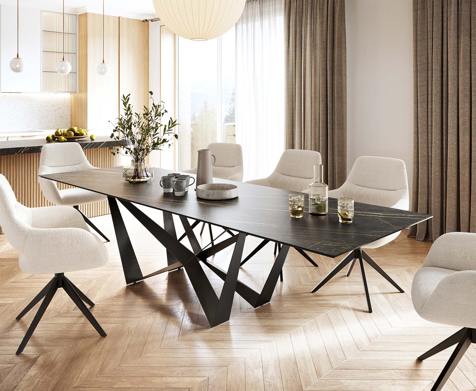 Stół do jadalni Edge 300x100cm ceramika Laminam® Noir Desir brązowy rama Spider metal czarna