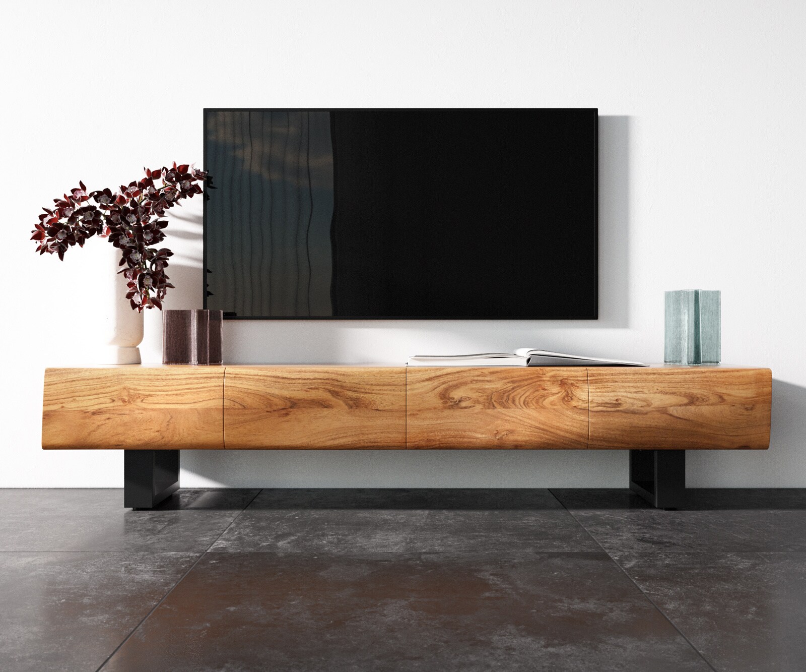 Szafka RTV New Live-Edge 175 cm akacja naturalna 4 drzwi nóżki płozowe czarny metal 3