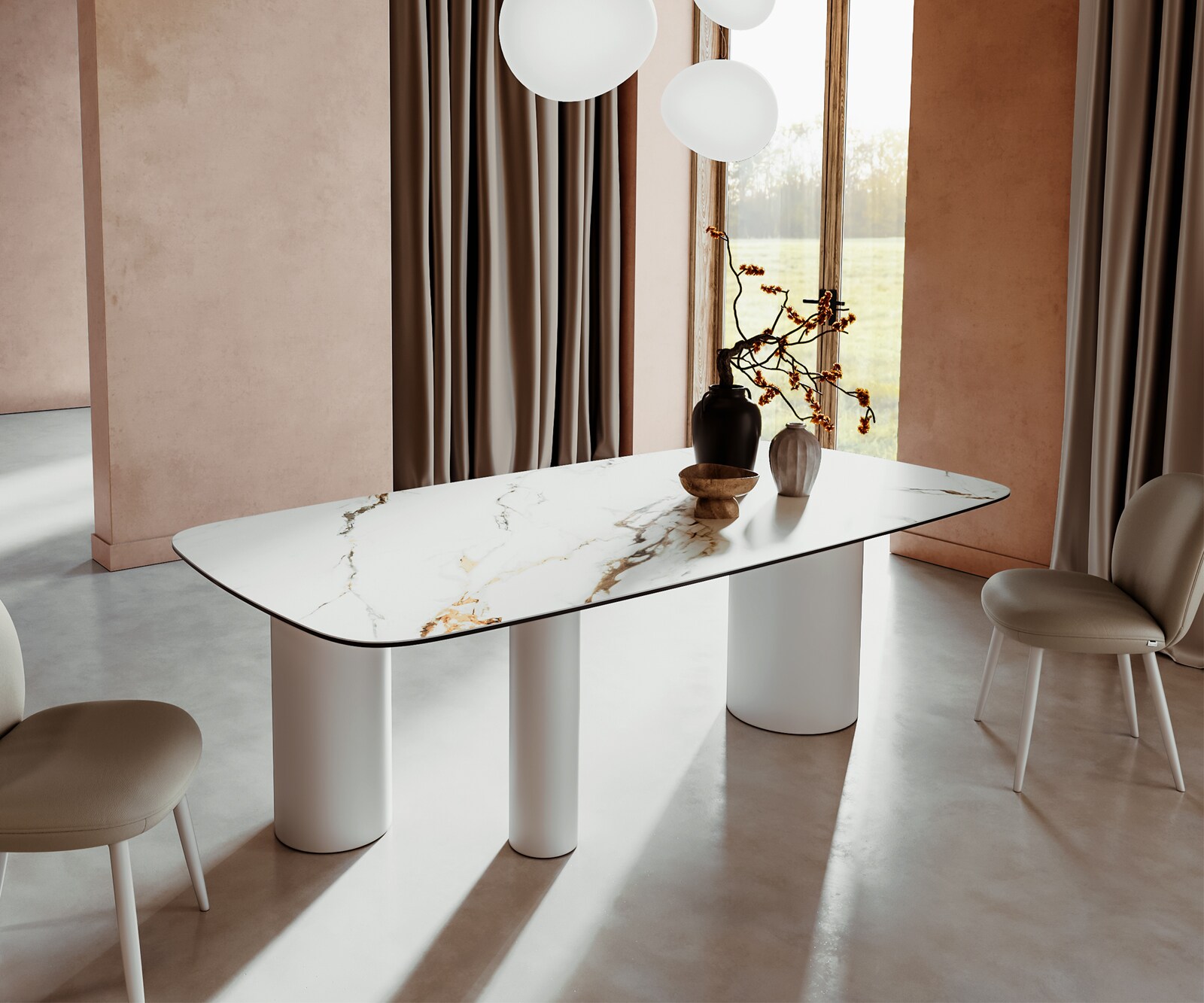 Stół do jadalni Edge kształt beczki 240x120cm ceramika Calacatta Luxe biało-złoto-szary rama Troa metal biały 1