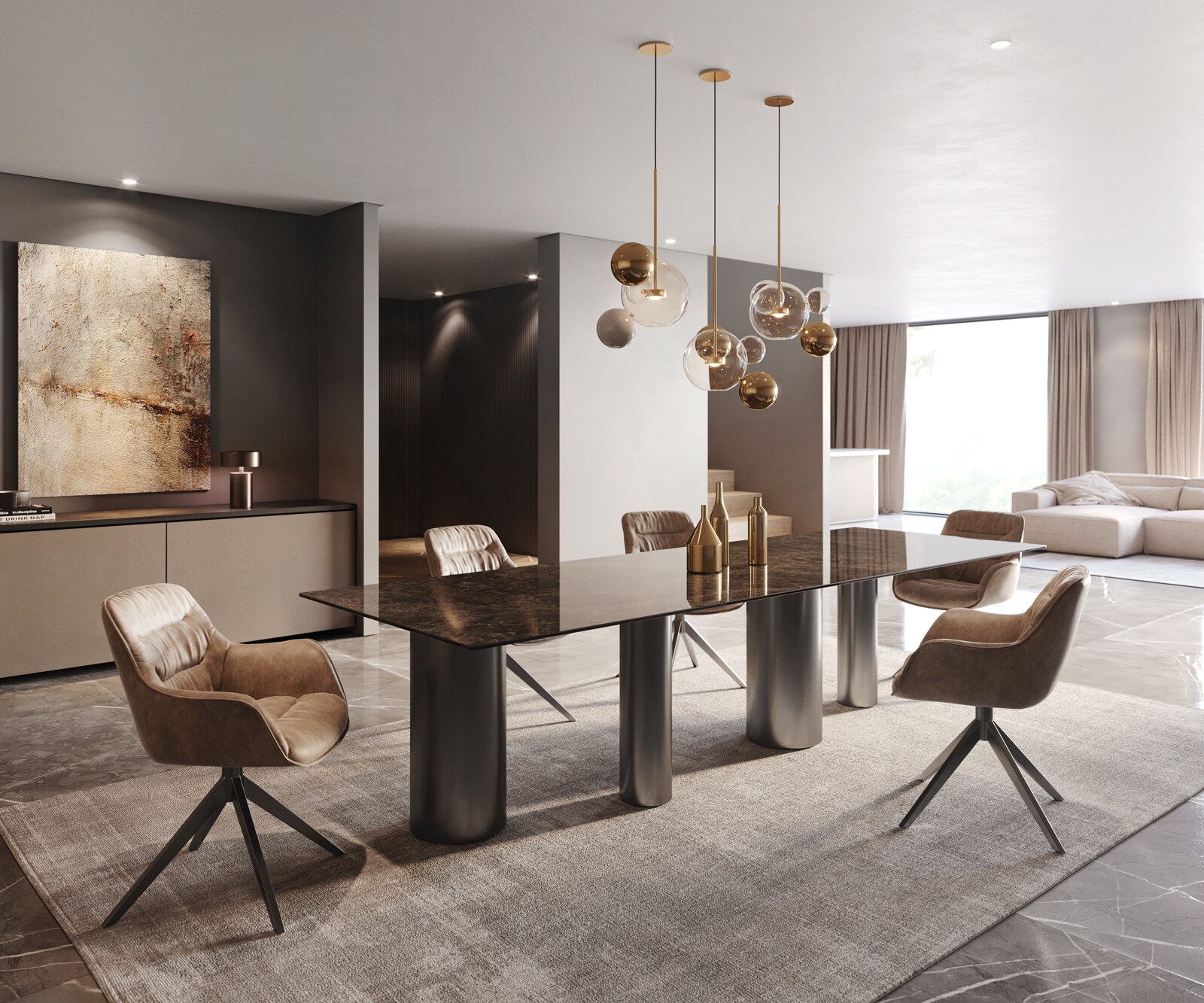 Stół do jadalni Edge 300x100cm ceramika Emperador Extra Lucidato ciemnobrązowy rama Pilier stal nierdzewna grafit 6