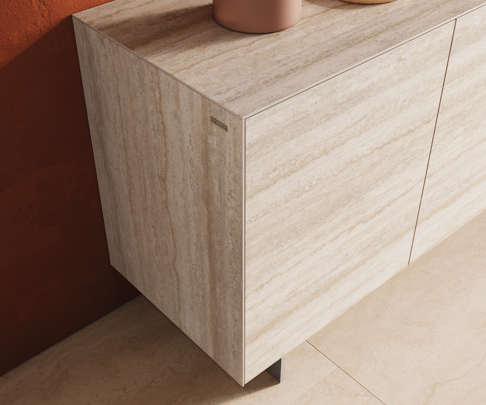 Komoda Cuor 150 cm ceramika Laminam® Travertino Bianco kremowo-biała 3 drzwi nóżki wąskie stal nierdzewna 6