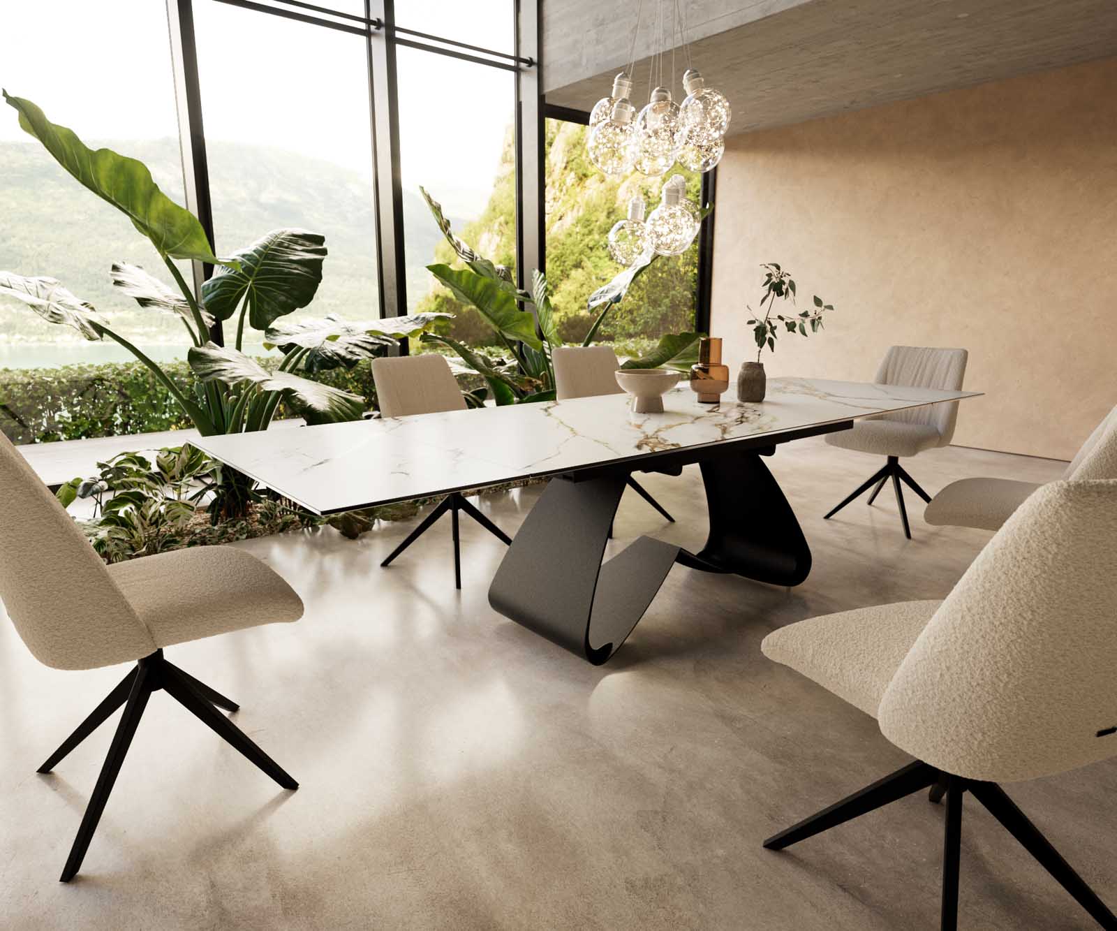 Stół do jadalni Edge 200-300x100 cm ceramika Calacatta Luxe biało-złoto-szary rama W czarna rozkładany