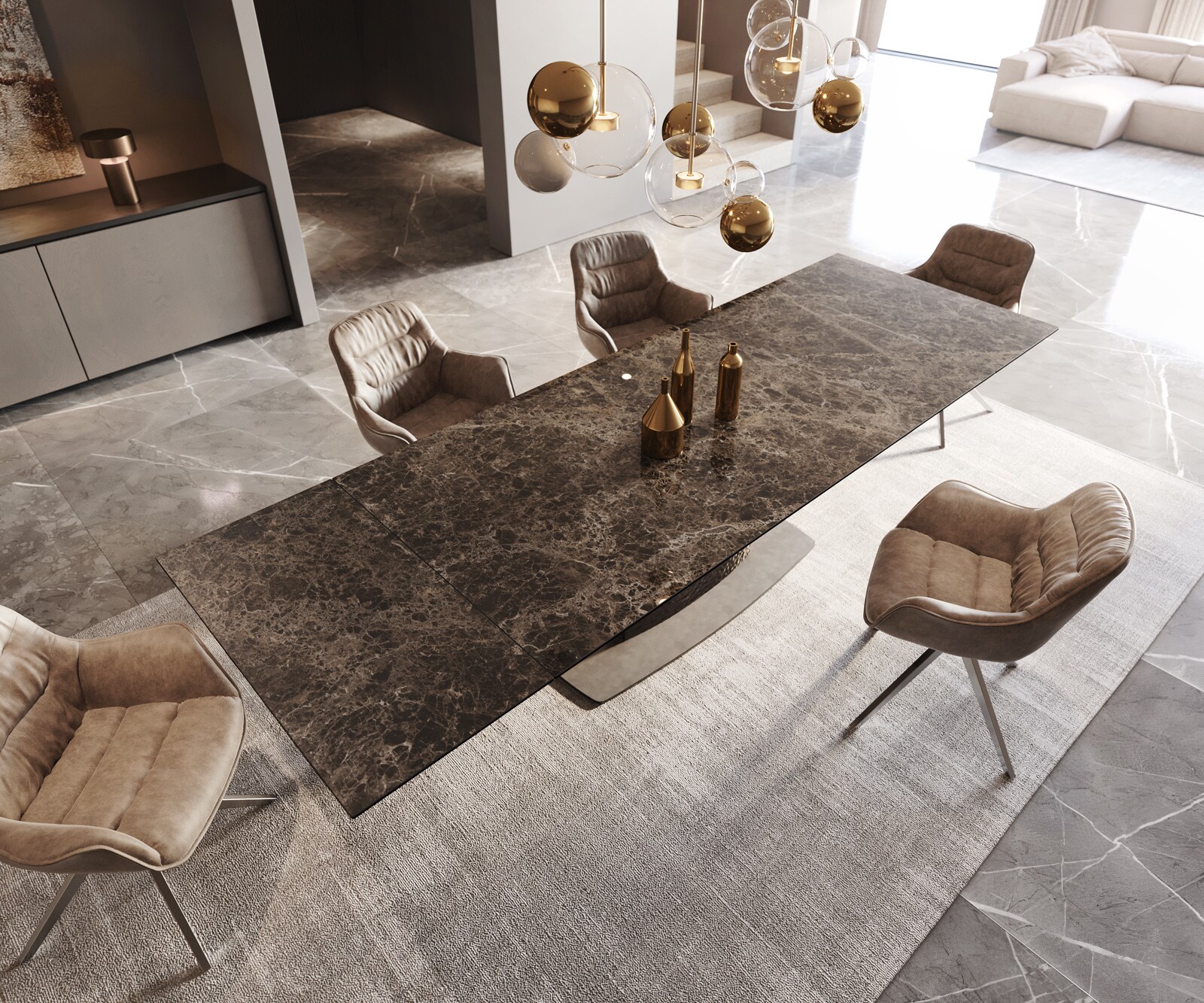 Stół do jadalni Edge 200-300x100 cm ceramika Emperador Extra Lucidato ciemnobrązowy rama Wave stal nierdzewna rozkładany 3