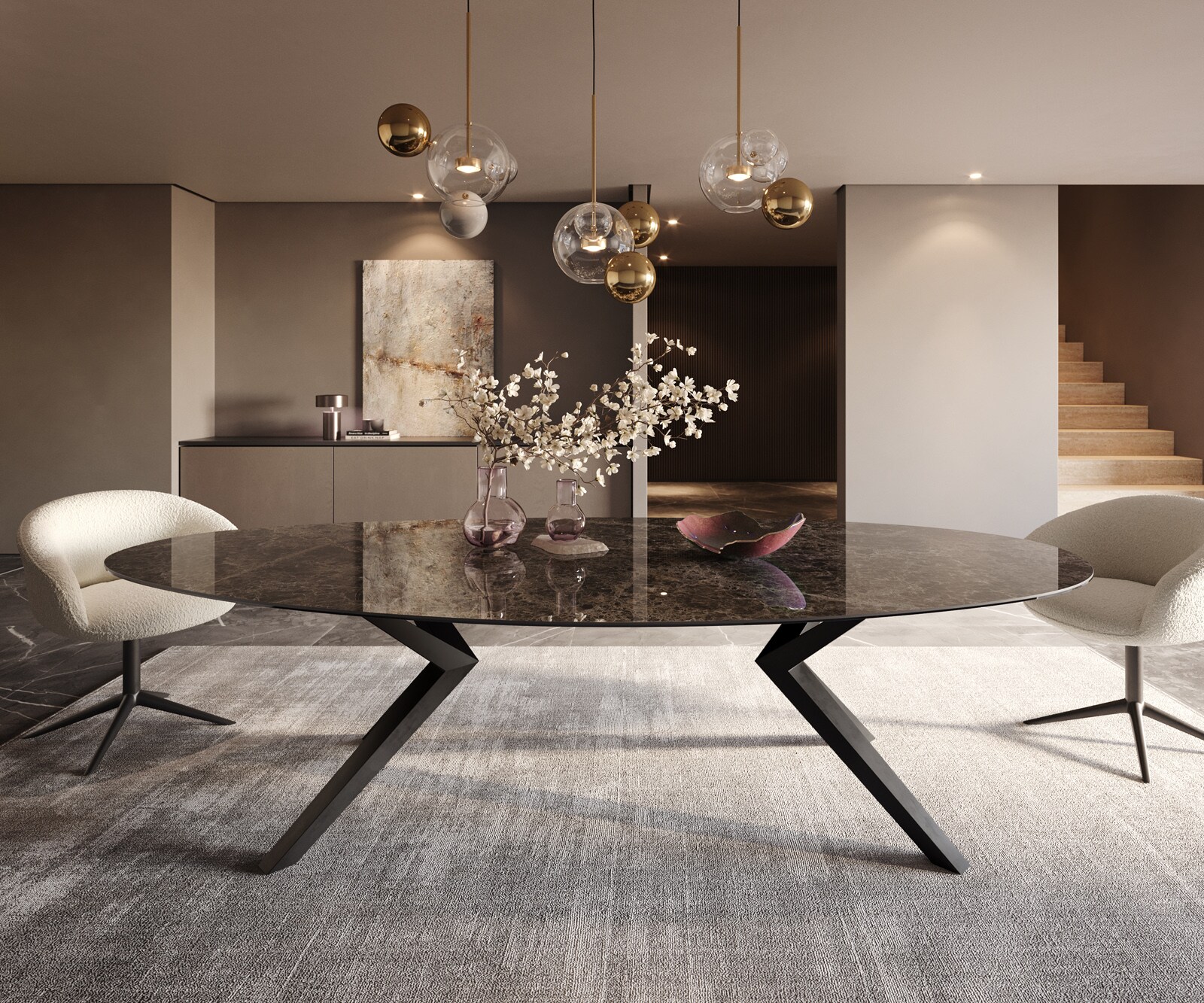 Stół do jadalni Edge owalny 280x130cm ceramika Emperador Extra Lucidato ciemnobrązowy rama Zenthara metal czarny 2