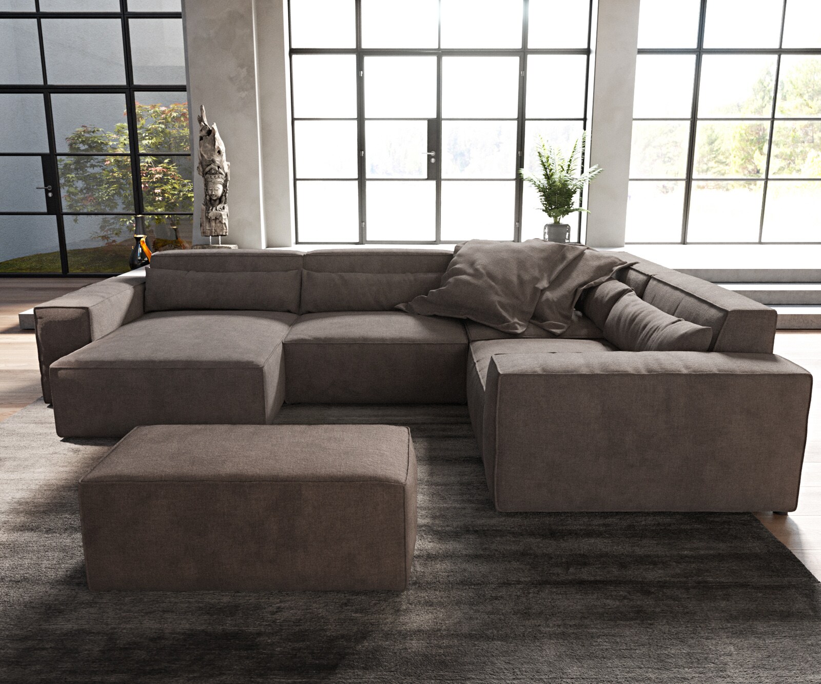 Sofa w kształcie litery U Sirpio 300x210 cm mikrofibra khaki-brązowa szezlong z możliwością obustronnego montażu z pufem 2