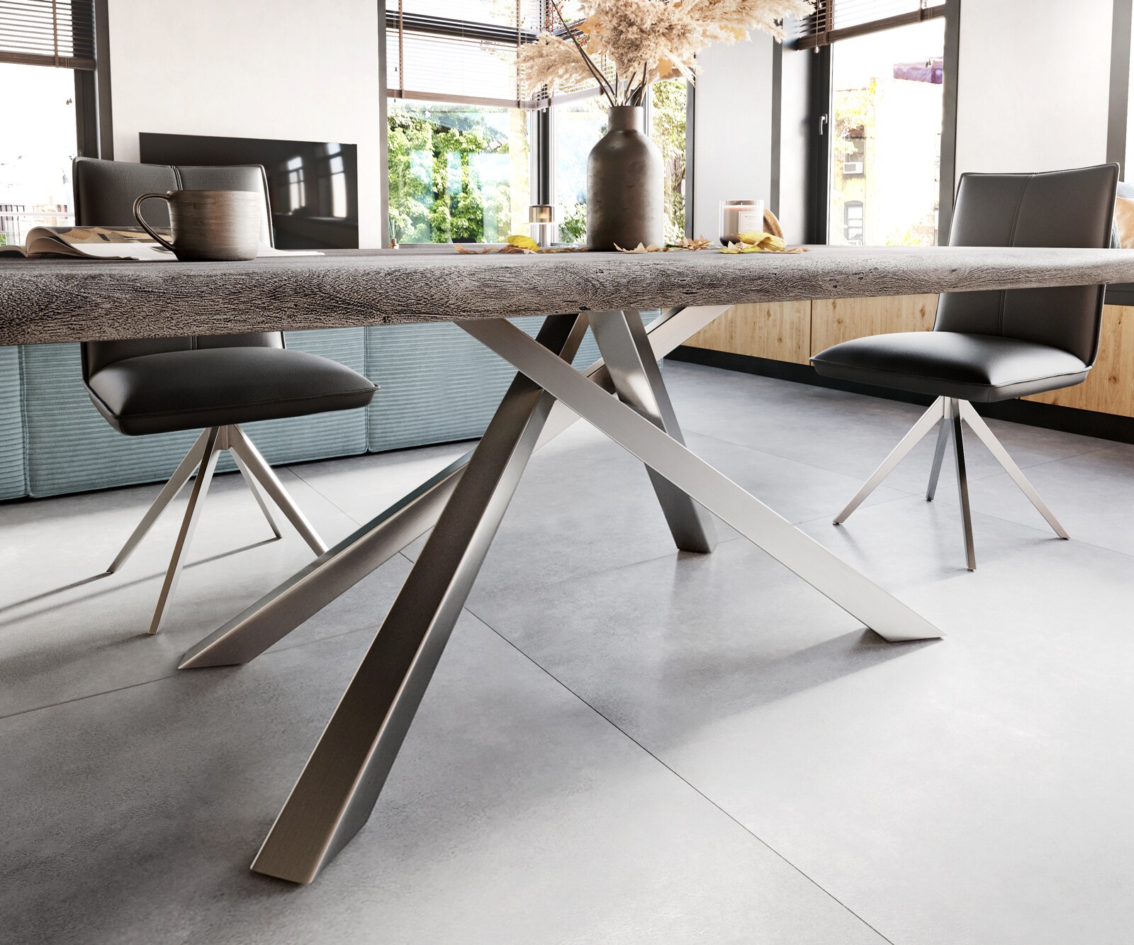 Stół do jadalni Edge 200x100 cm XL akacja platynowa rama Cross stal nierdzewna live-edge 4