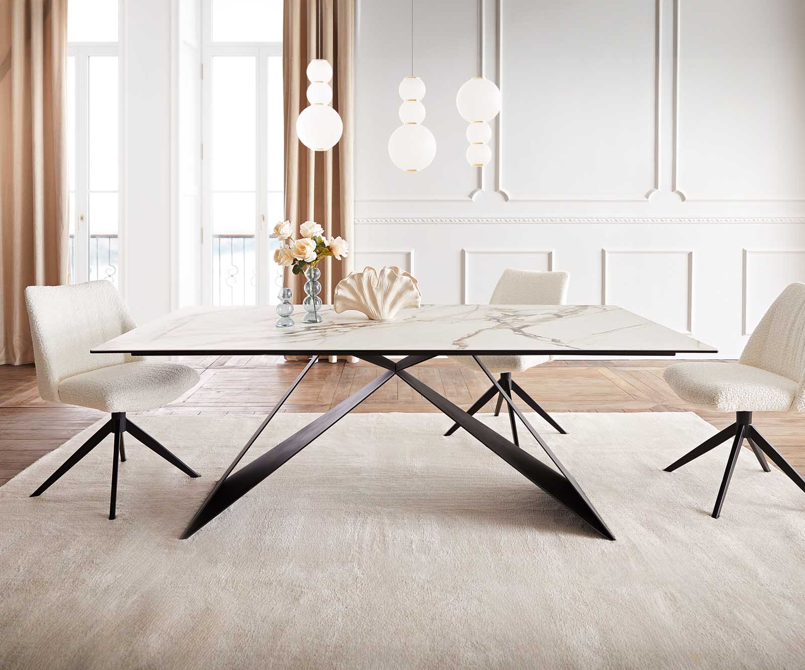 Stół do jadalni Edge 200x100 cm ceramika Calacatta Luxe biało-złoto-szary rama V metal czarna