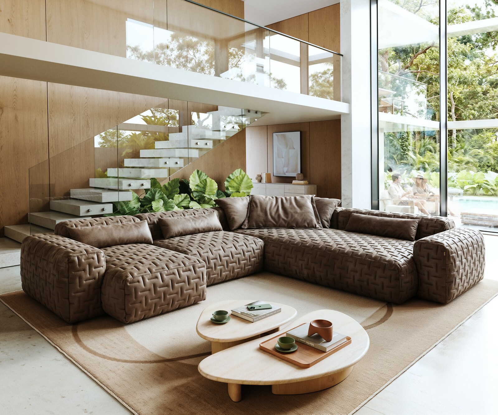 Sofa w kształcie litery U Freestyle 360x290 cm mikrofibra szaro-brązowa vintage pikowana