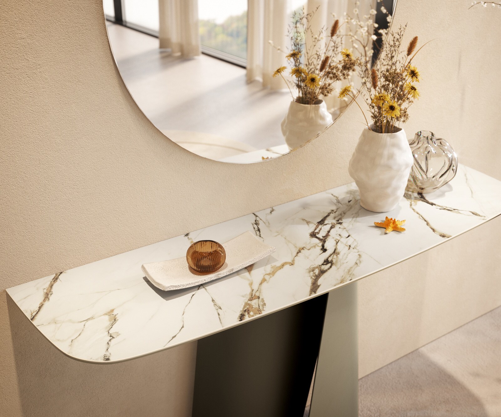 Konsola Edge w kształcie beczki 140x40 cm ceramika Calacatta Luxe biało-złoto-szara podstawa Livos metal w kolorze tytanu 6
