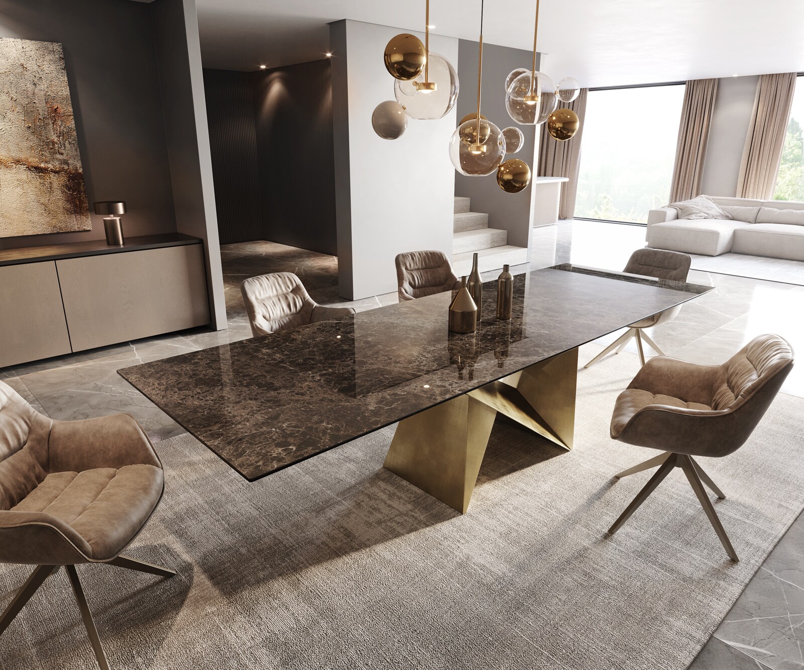 Stół do jadalni Edge 300x100cm ceramika Laminam® Emperador Extra Lucidato ciemnobrązowy rama Origami metaliczny złoty