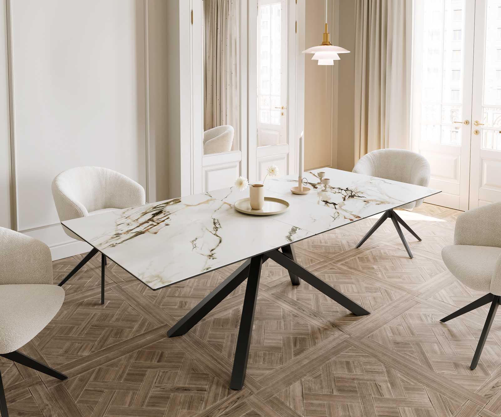 Stół do jadalni Edge 180-220x100 cm ceramika Calacatta Luxe biało-złoto-szary rama Cross czarna rozkładany