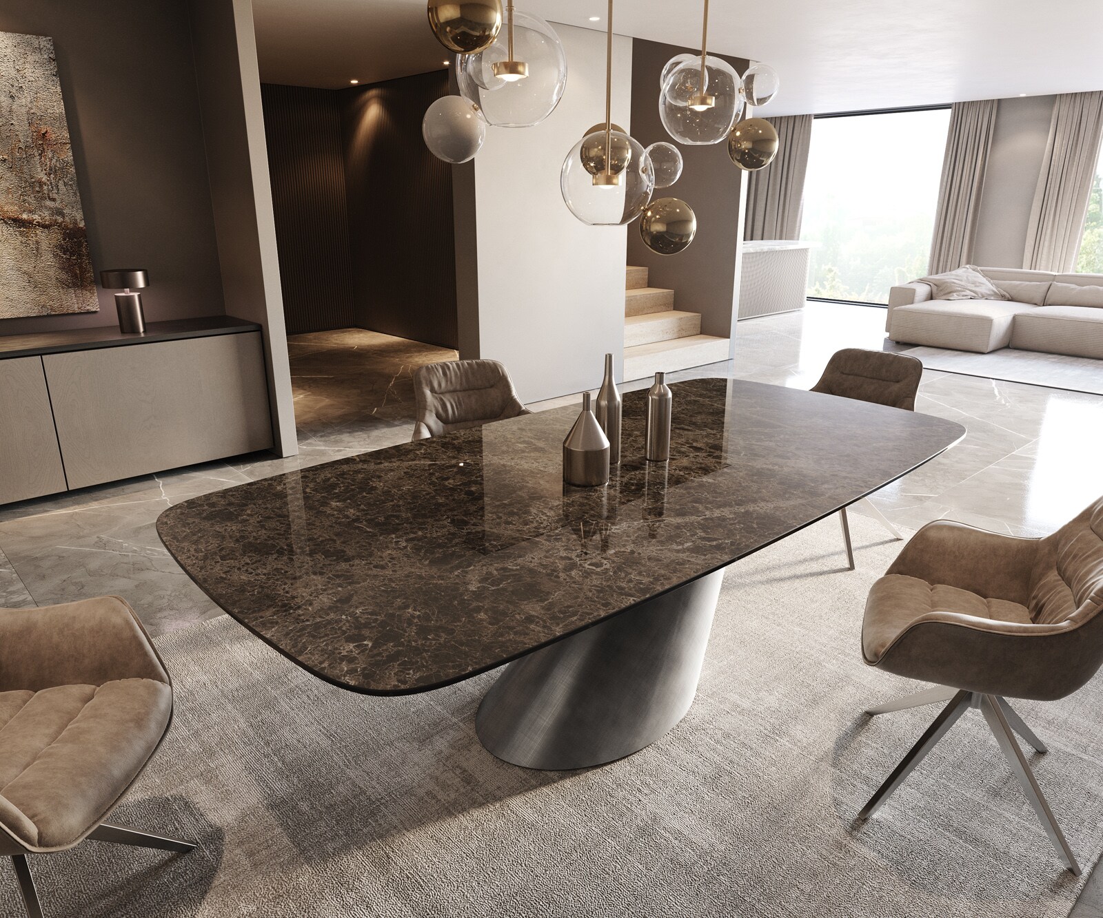 Stół do jadalni Edge w kształcie beczki 240x120 cm ceramika Laminam® Emperador Extra Lucidato ciemnobrązowa rama Cono metaliczny srebrny