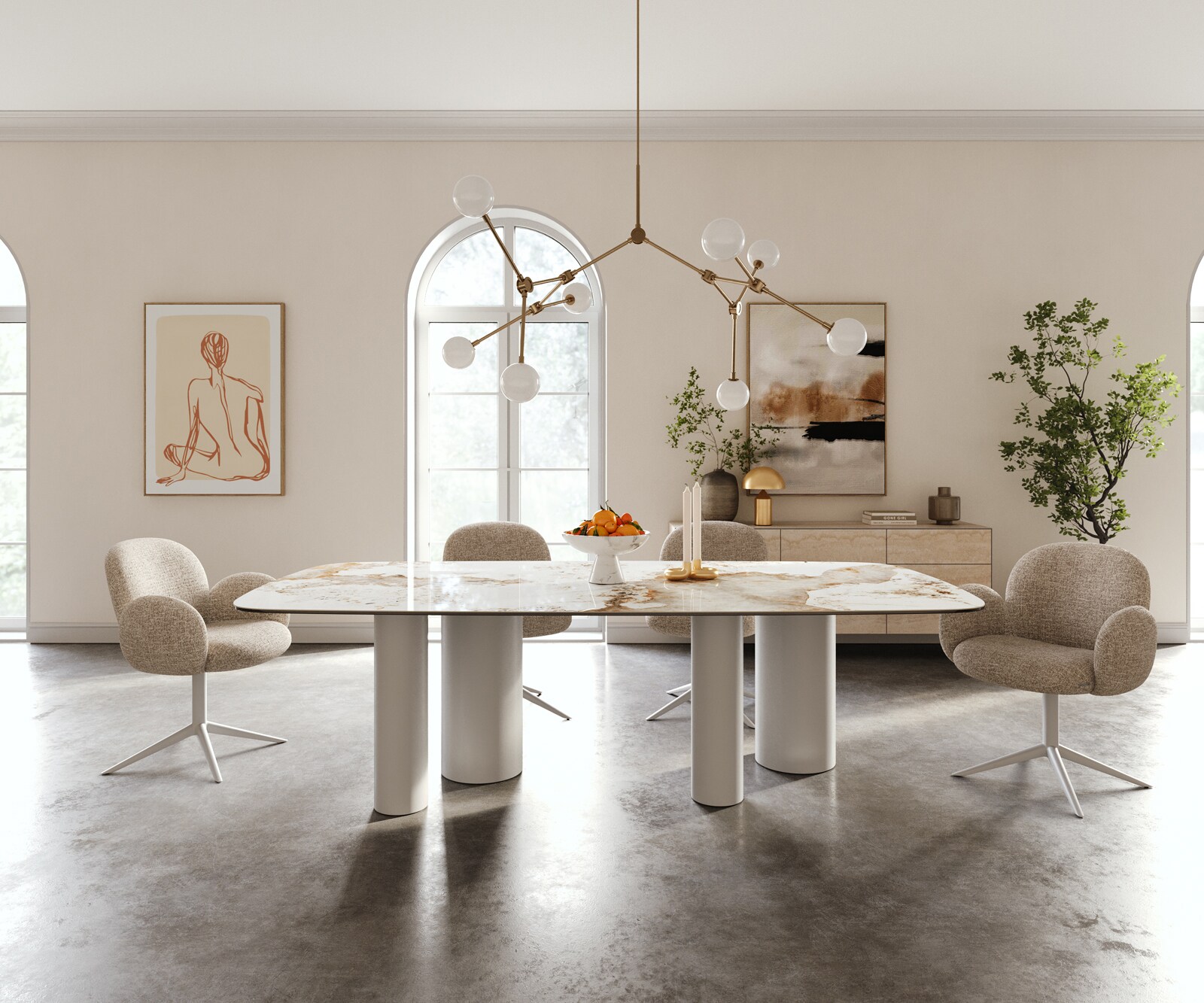 Stół do jadalni Edge w kształcie beczki 240x120 cm ceramika Minas Melange biało-beżowa rama Pilier metal biały 2