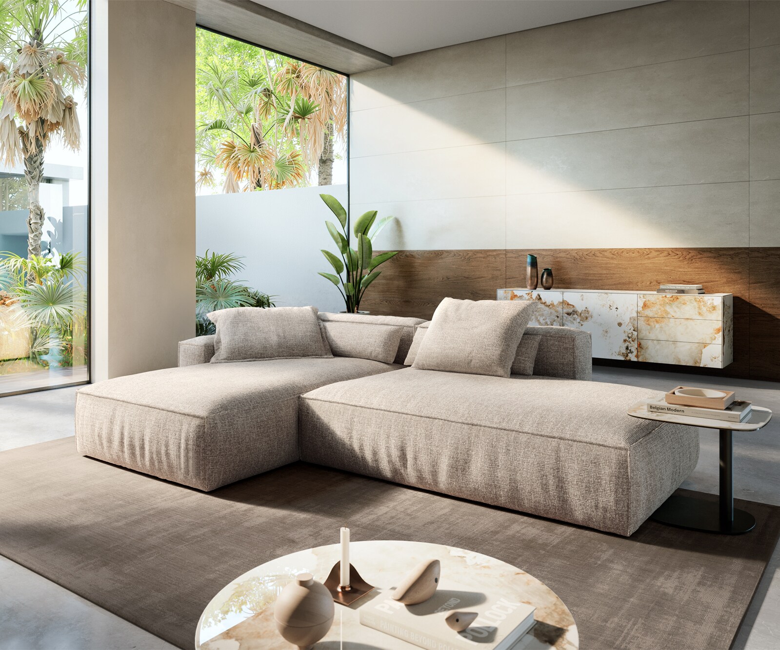 Sofa narożna Freestyle 310x200 cm miękka tkanina beżowa z lamówką 3
