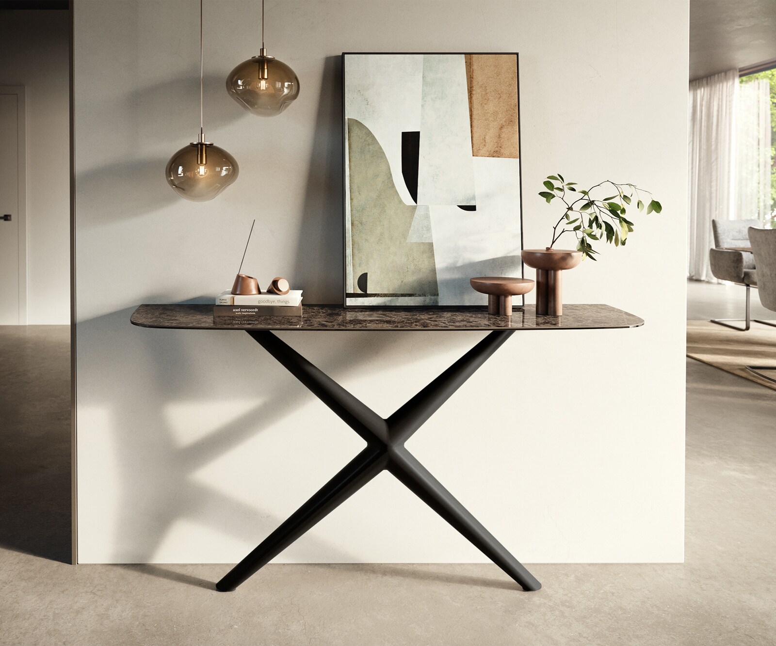 Konsola Edge w kształcie beczki 140x40 cm ceramika Emperador Extra Lucidato ciemnobrązowa rama Estelo metal czarny 1