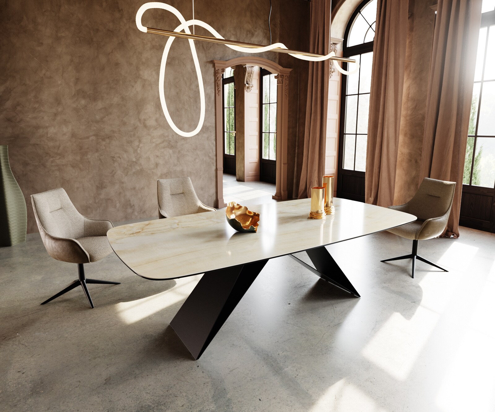 Stół do jadalni Edge kształt beczki 240x120cm ceramika Iris FMG Onice Oro rama V metal czarna