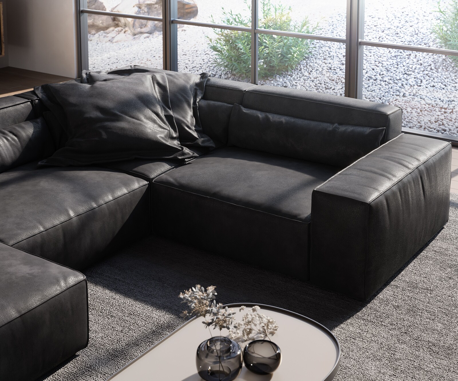 Sofa w kształcie litery U Sirpio 300x210 cm eko-skóra antracytowa vintage szezlong z możliwością obustronnego montażu z pufem 5