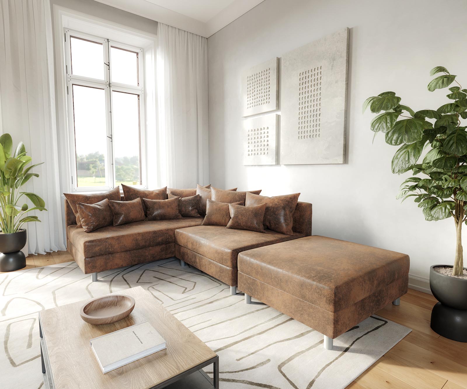 Sofa narożna Clovis brązowy antyczny sofa modułowa z pufem szezlong lewy