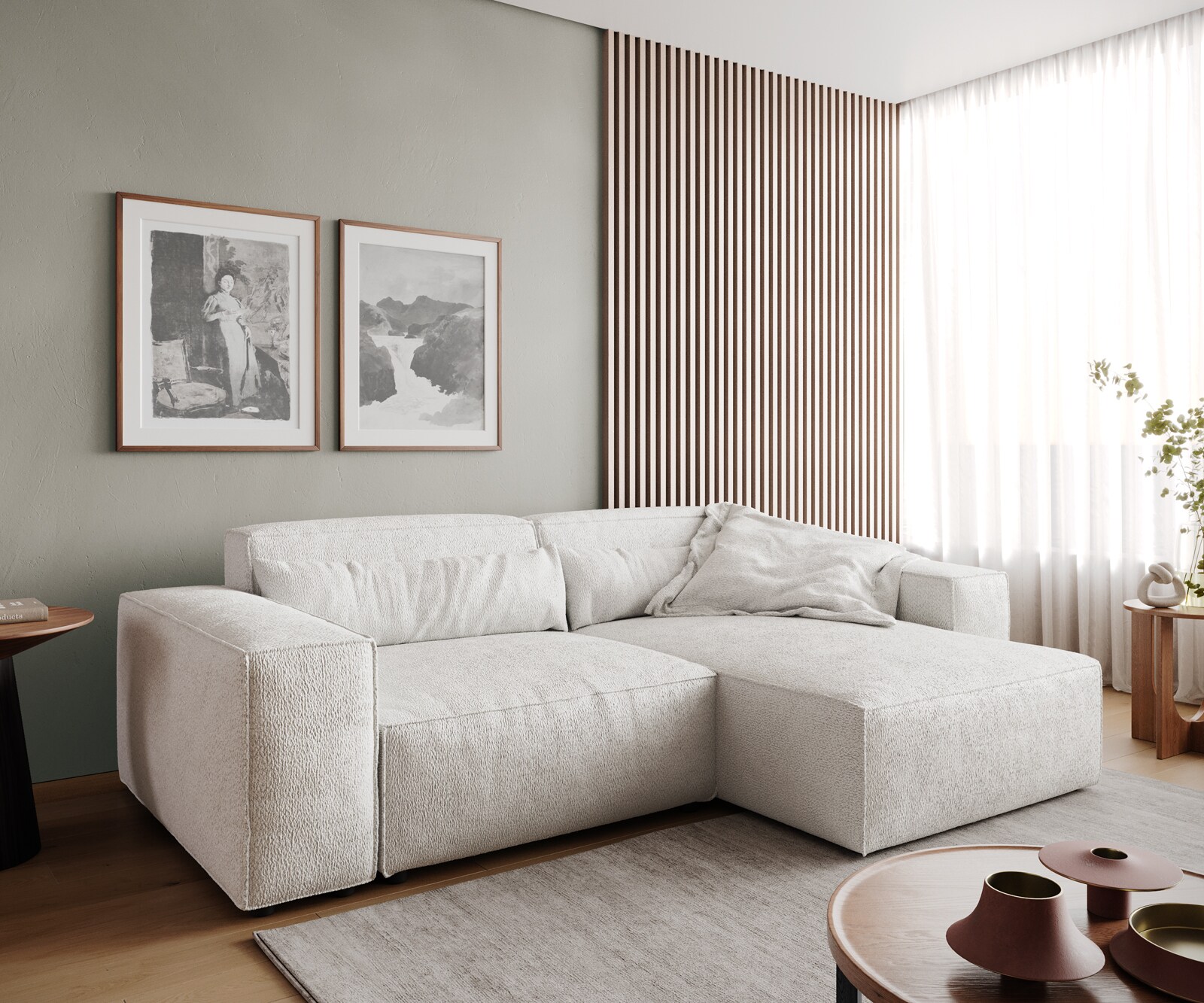 Sofa narożna Sirpio 230x155 cm bouclé kremowo-biały szezlong z możliwością obustronnego montażu 1