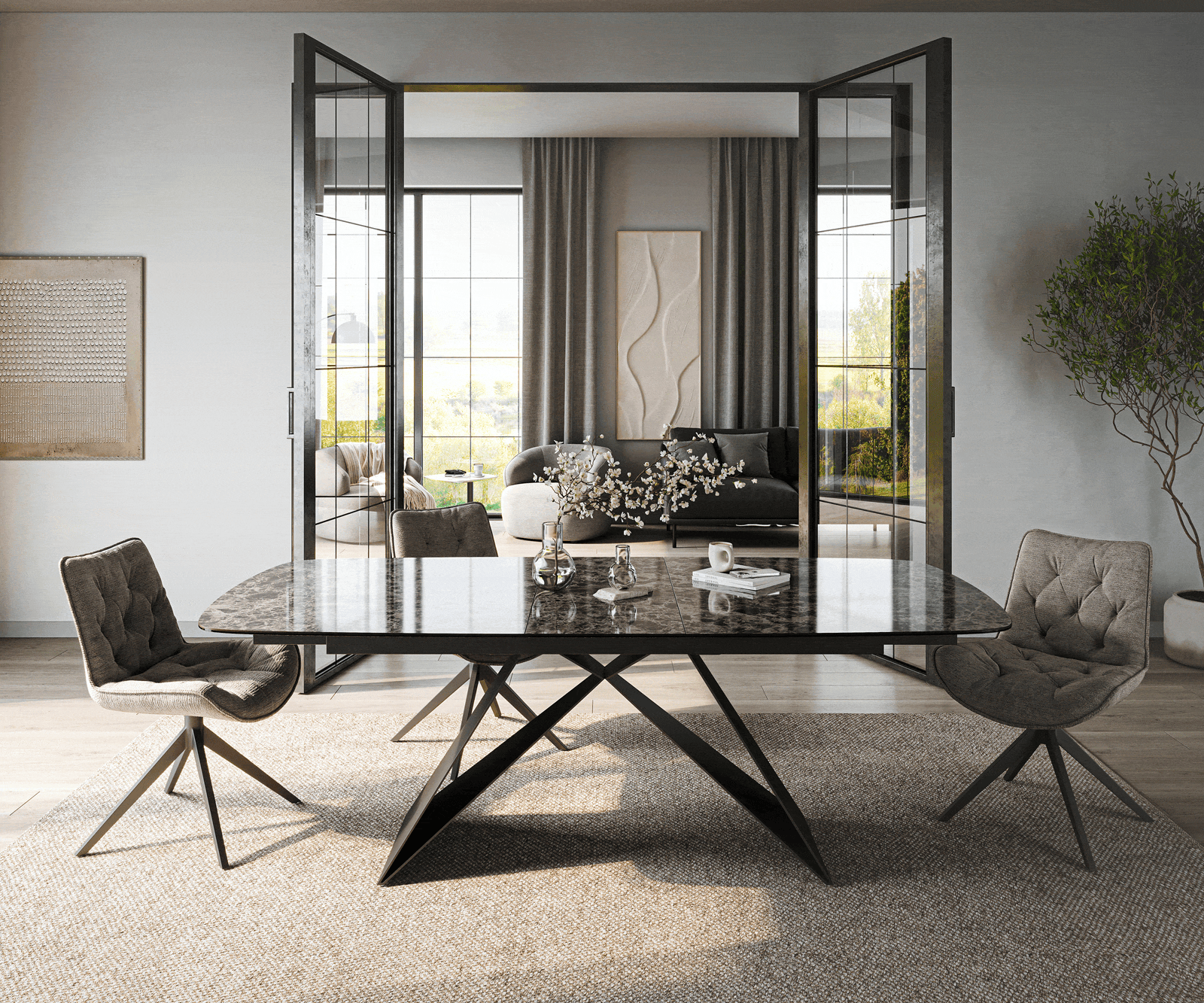 Stół do jadalni Edge w kształcie beczki 180-220x100 cm ceramika Emperador Extra Lucidato ciemnobrązowa rama typu V metal czarny rozkładany 1