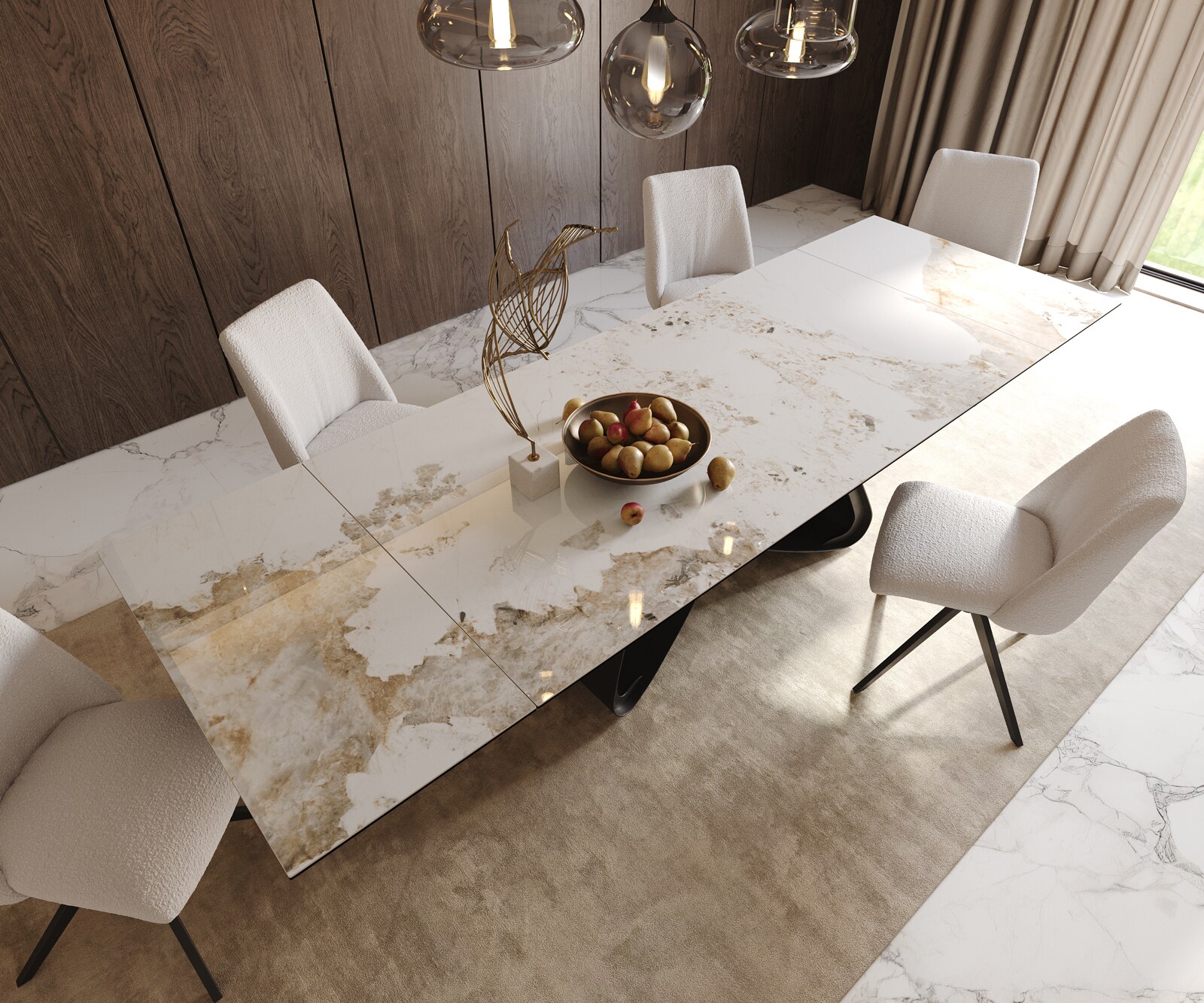 Stół do jadalni Edge 200-300x100 cm ceramika Minas Melange biało-beżowy rama W czarna rozkładany 5
