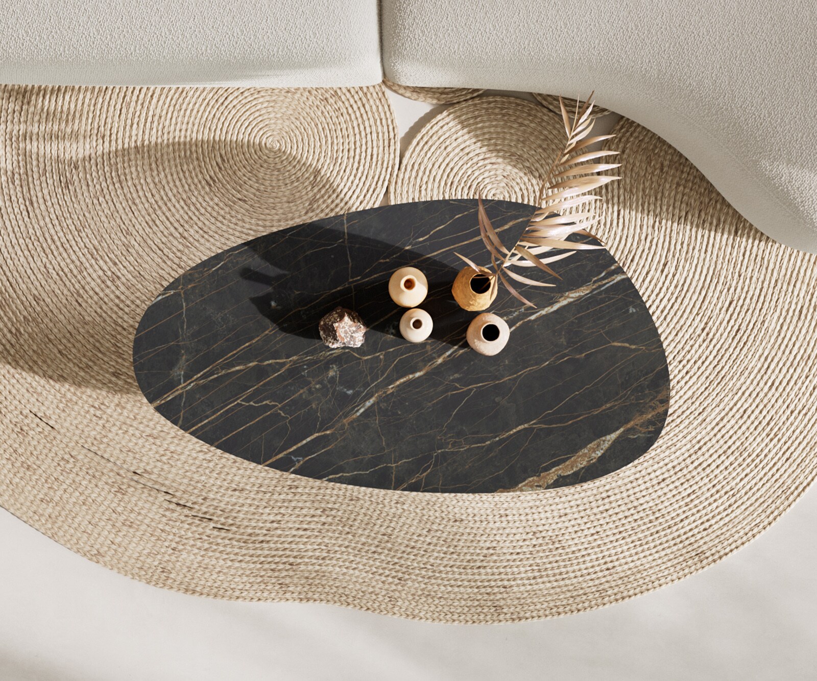 Stolik kawowy Edge owalny 140x75 cm ceramika Laminam® Noir Desir brązowa podstawa Sarity metal czarny 6
