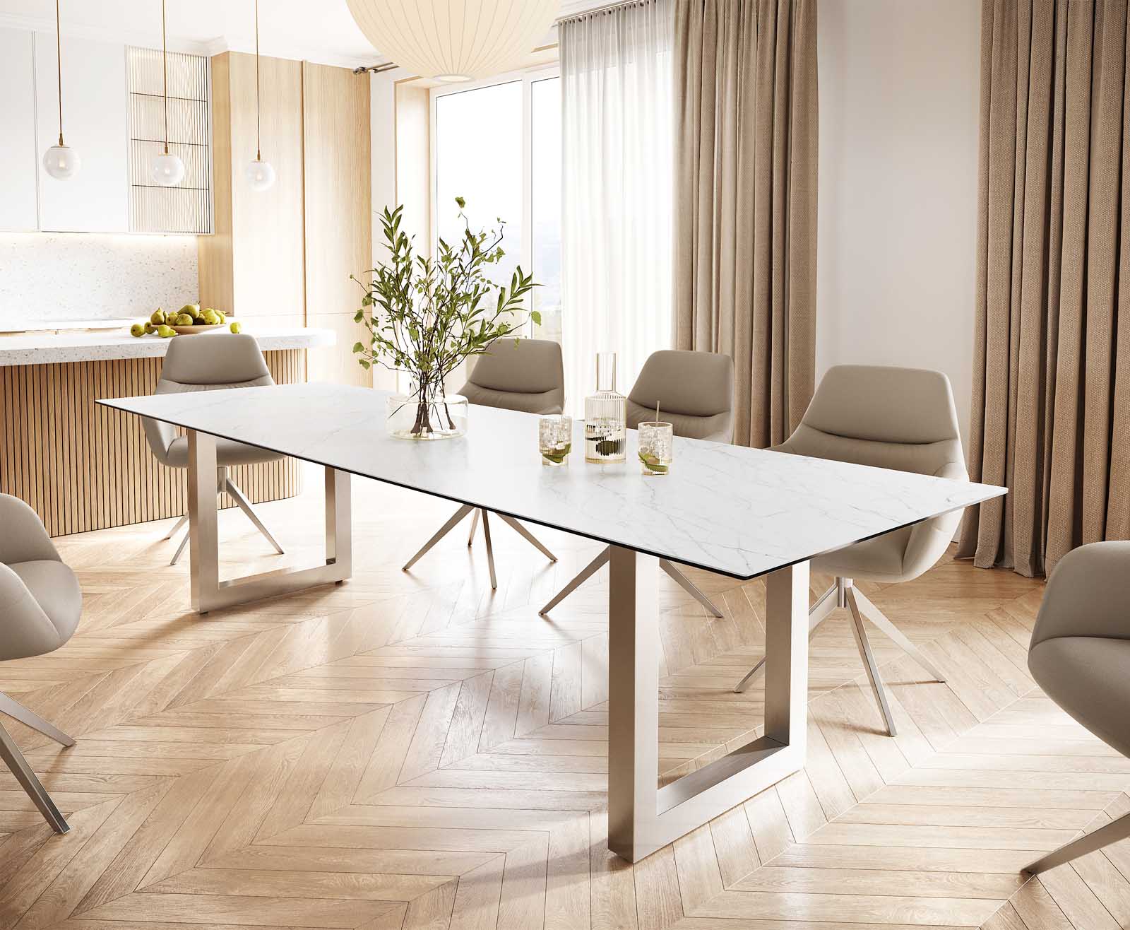 Stół do jadalni Edge 300x100cm ceramika Laminam® Statuarietto biały stal nierdzewna szeroka rama