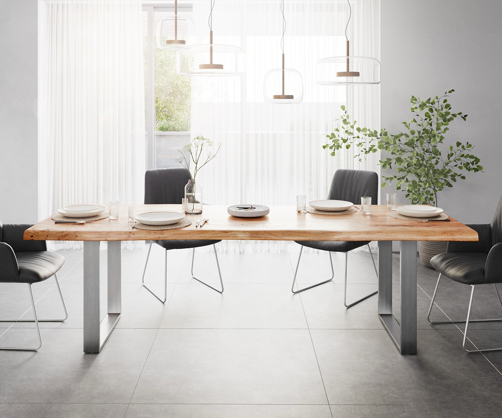 Stół do jadalni Edge 260x100 XL akacja naturalna rama wąska stal nierdzewna live-edge 1