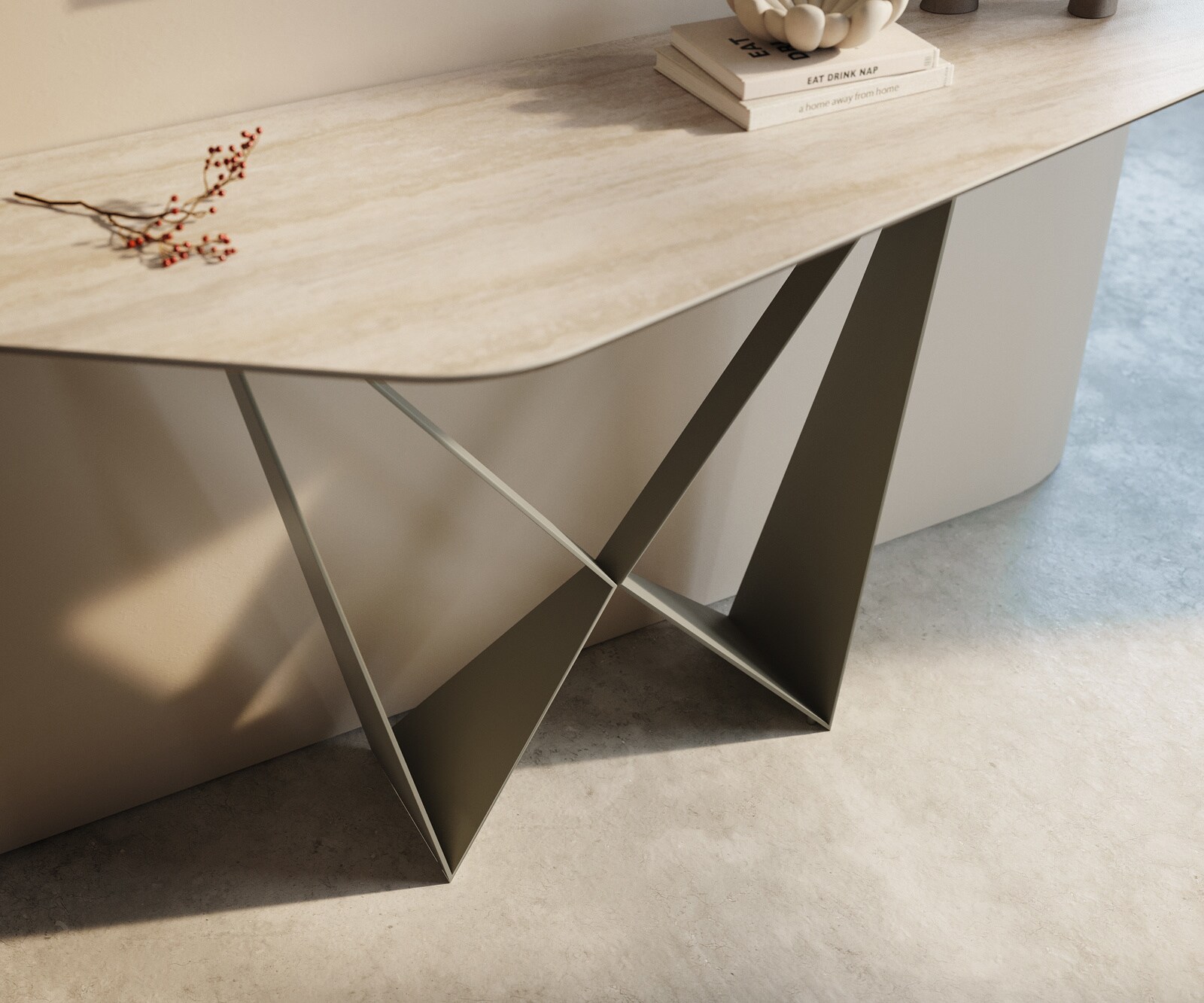 Konsola Edge wielokątna 140x50 cm ceramika Laminam® Travertino Bianco kremowo-biały podstawa Spios metal w kolorze tytanu 6