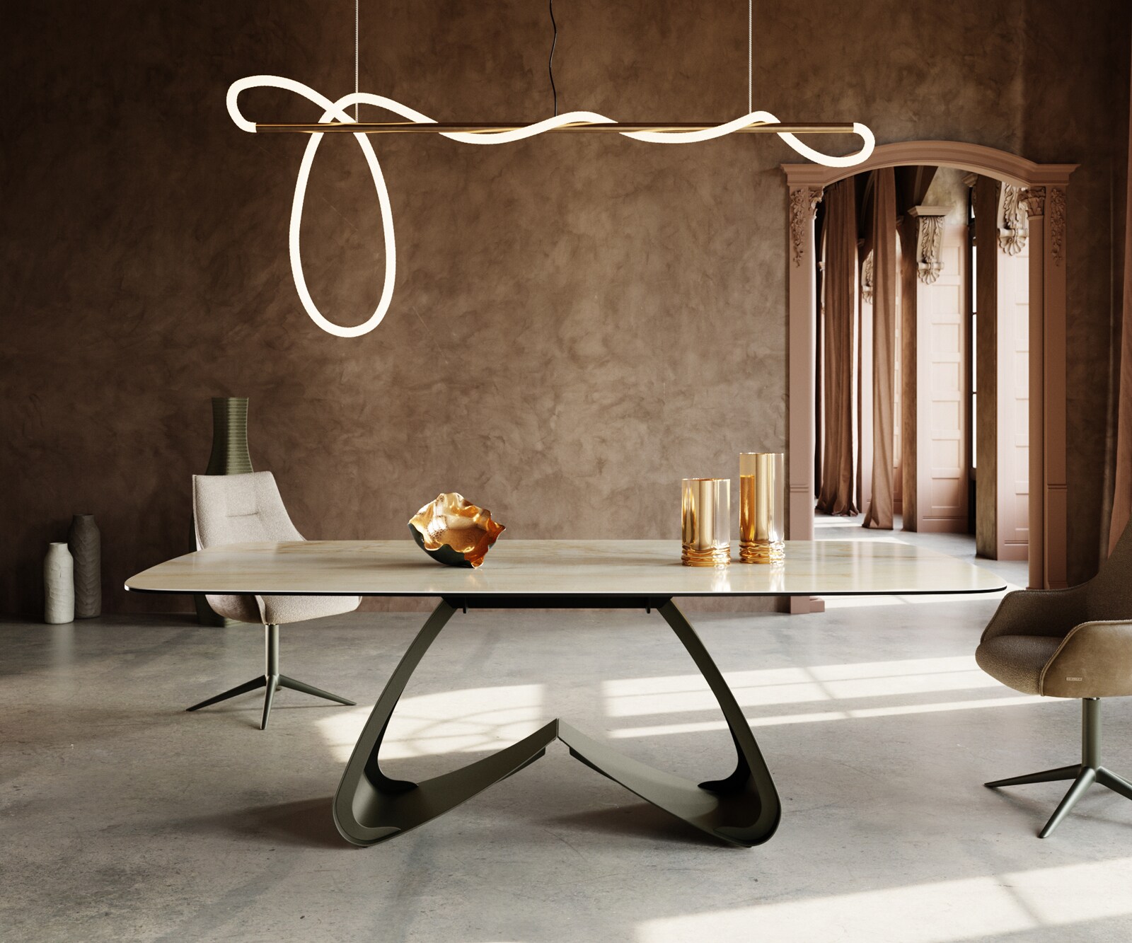 Stół do jadalni Edge w kształcie beczki 240x120cm ceramika Iris FMG Onice Oro rama W metal kolor tytanowy 1